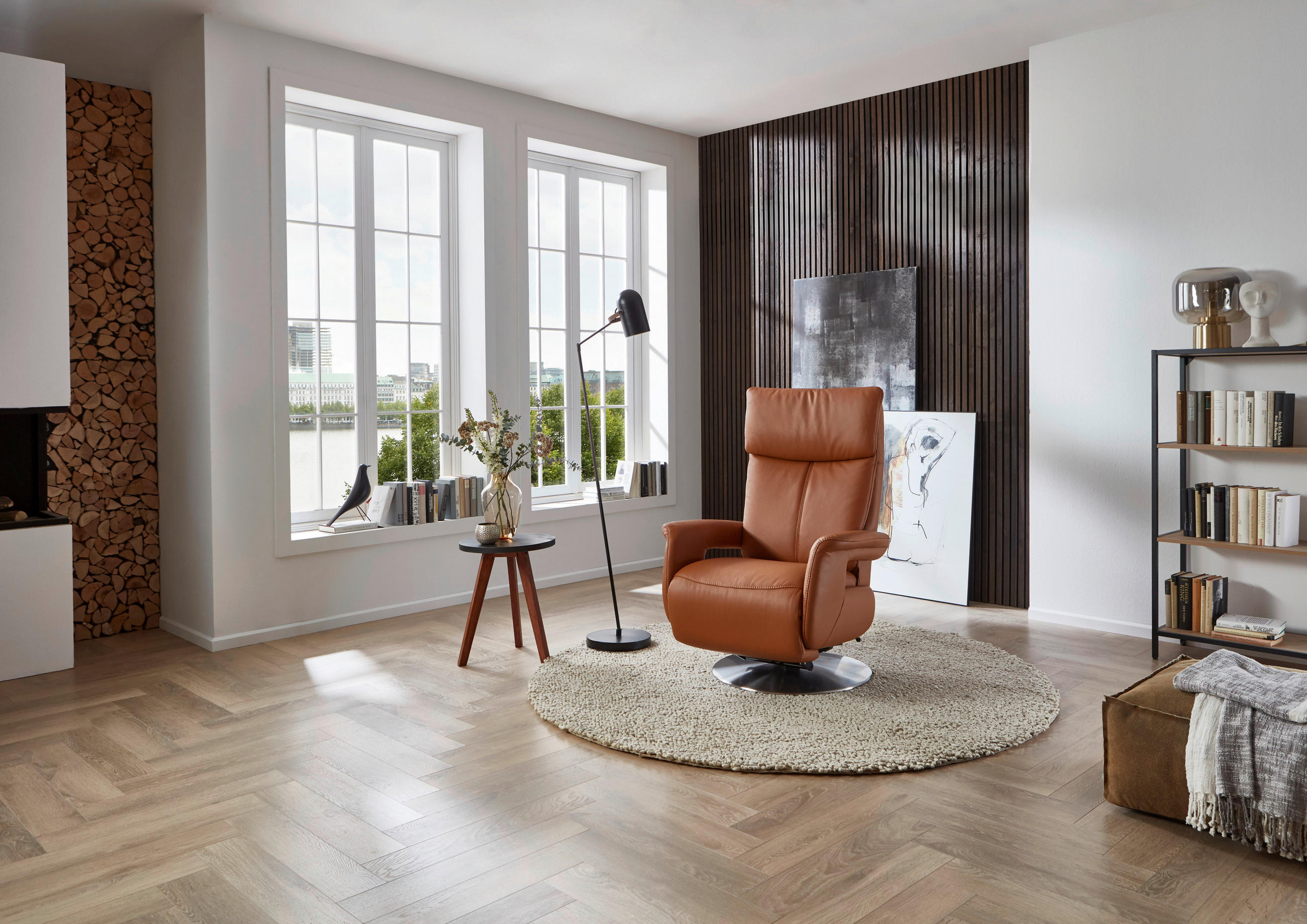 RELAXSESSEL Echtleder Relaxfunktion, Aufstehhilfe, Rücken echt    - Edelstahlfarben/Braun, Design, Leder/Metall (78/112/85cm) - Cantus