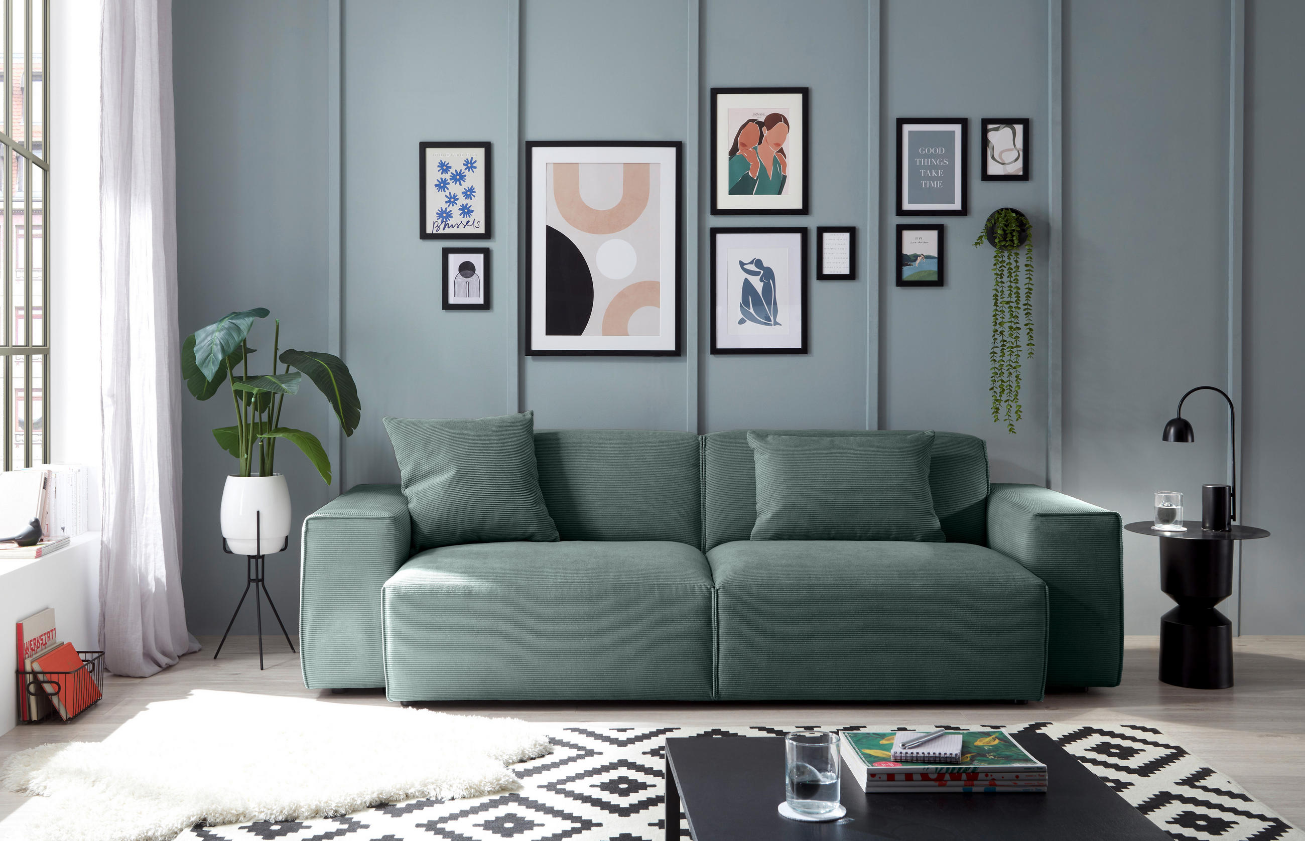 3-SITZER-SOFA in Cord Grün  - Schwarz/Grün, Design, Kunststoff/Textil (236/71/101cm) - Pure Home Lifestyle