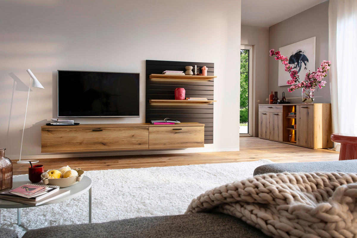 WOHNWAND 2-teilig  in Grau, Eichefarben 270/159/37 cm  - Eichefarben/Anthrazit, Design, Holzwerkstoff/Metall (270/159/37cm) - home24