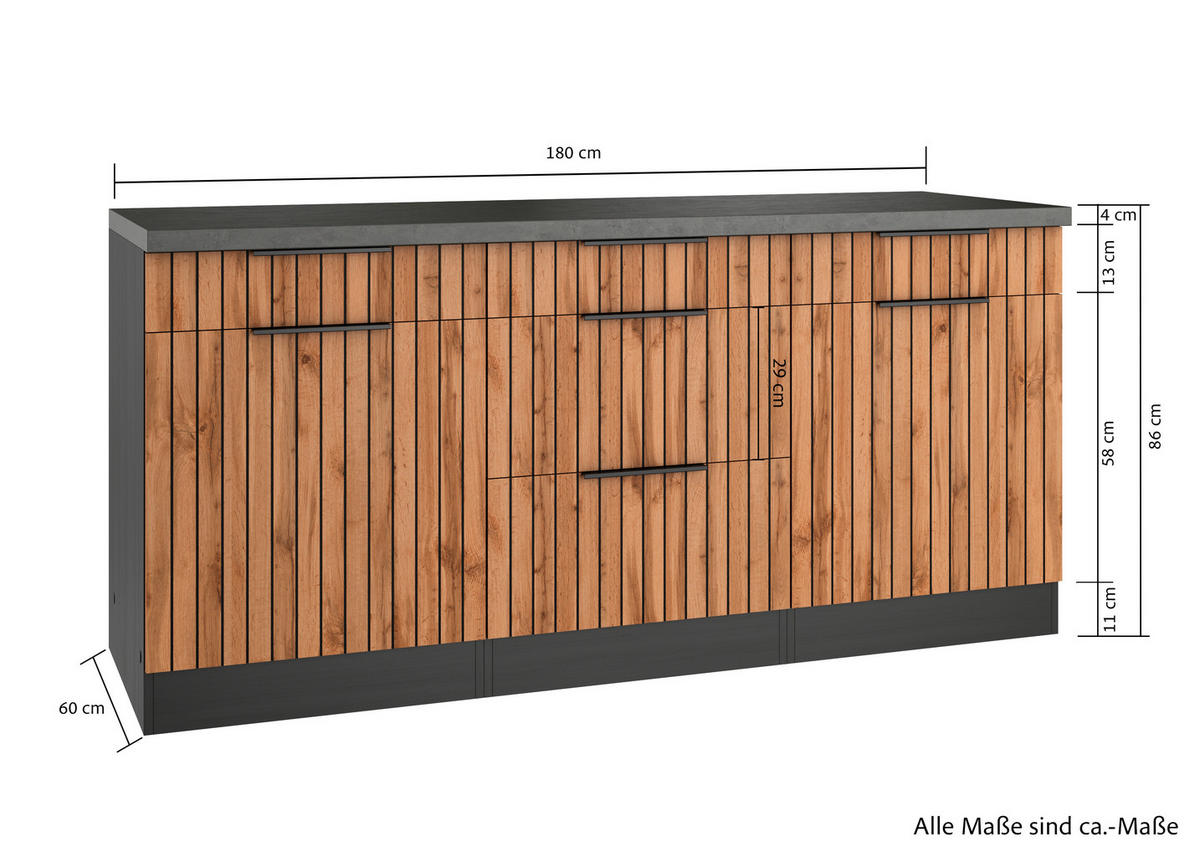KÜCHENUNTERSCHRANK 180/85/60 cm  in Graphitfarben, Eiche Wotan  - Schieferfarben/Eiche Wotan, Basics, Holzwerkstoff/Metall (180/85/60cm) - Held