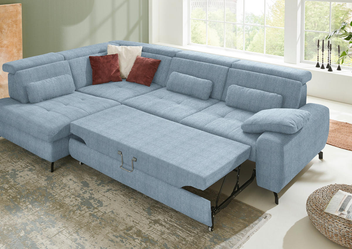 ECKSOFA in Chenille Hellblau  - Schwarz/Hellblau, Design, Textil/Metall (220/310cm) - Beldomo Style