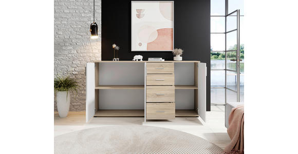 KOMMODE 160/84/35 cm in Weiß, Sonoma Eiche - Silberfarben/Schwarz, KONVENTIONELL, Holzwerkstoff/Kunststoff (160/84/35cm) - Carryhome