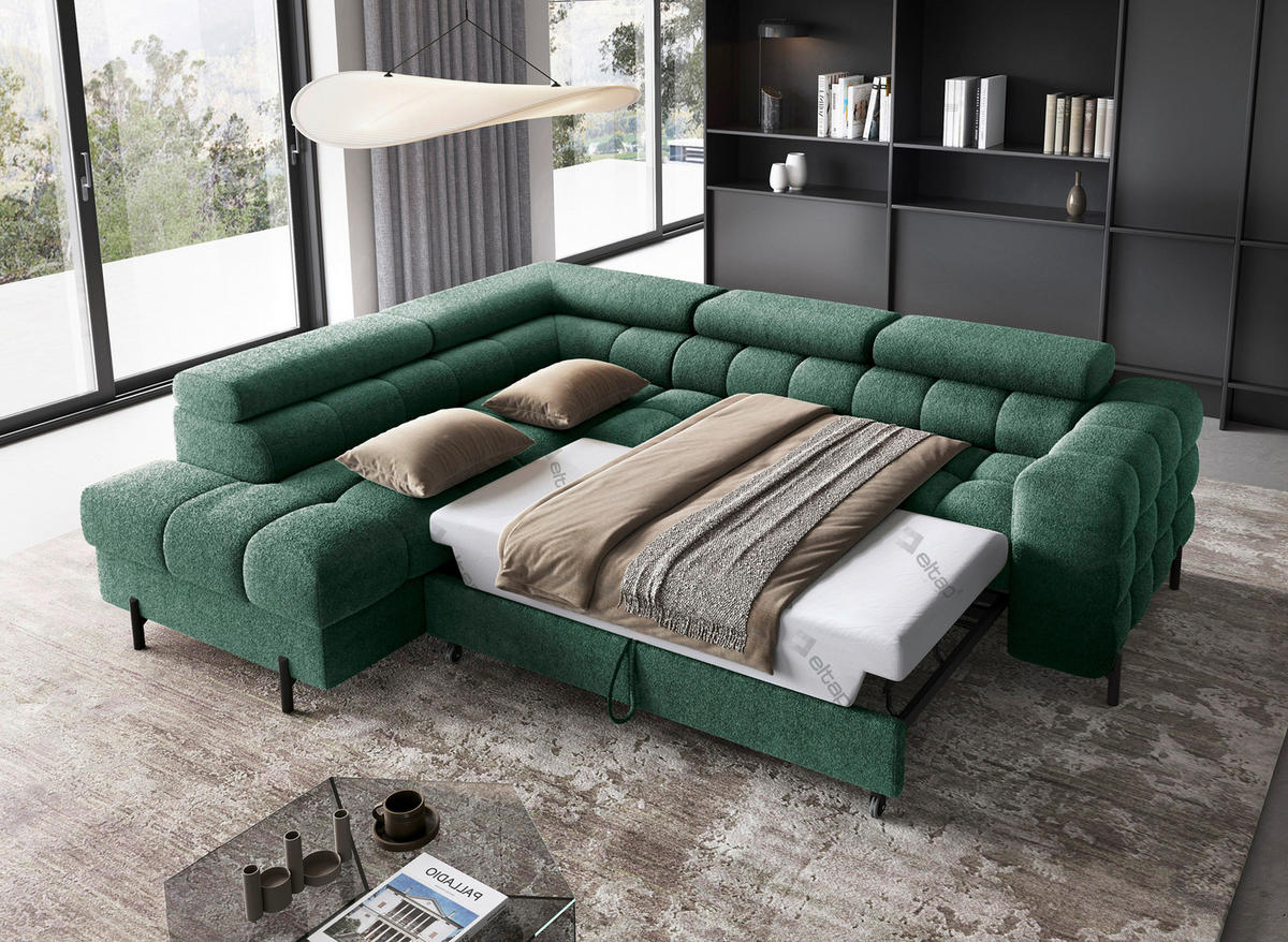 ECKSOFA FERUCCE Dunkelgrün Teddystoff Bettkasten, Kopfteilverstellung  - Dunkelgrün/Schwarz, Design, Textil/Metall (200/276cm) - MID.YOU