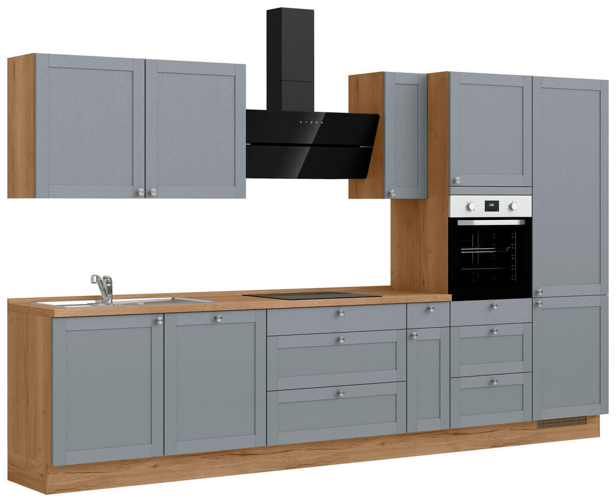 KÜCHENBLOCK Frame 360 cm  in Eichefarben, Blaugrau  - Edelstahlfarben/Eichefarben, MODERN, Holzwerkstoff/Metall (360cm) - Nobilia