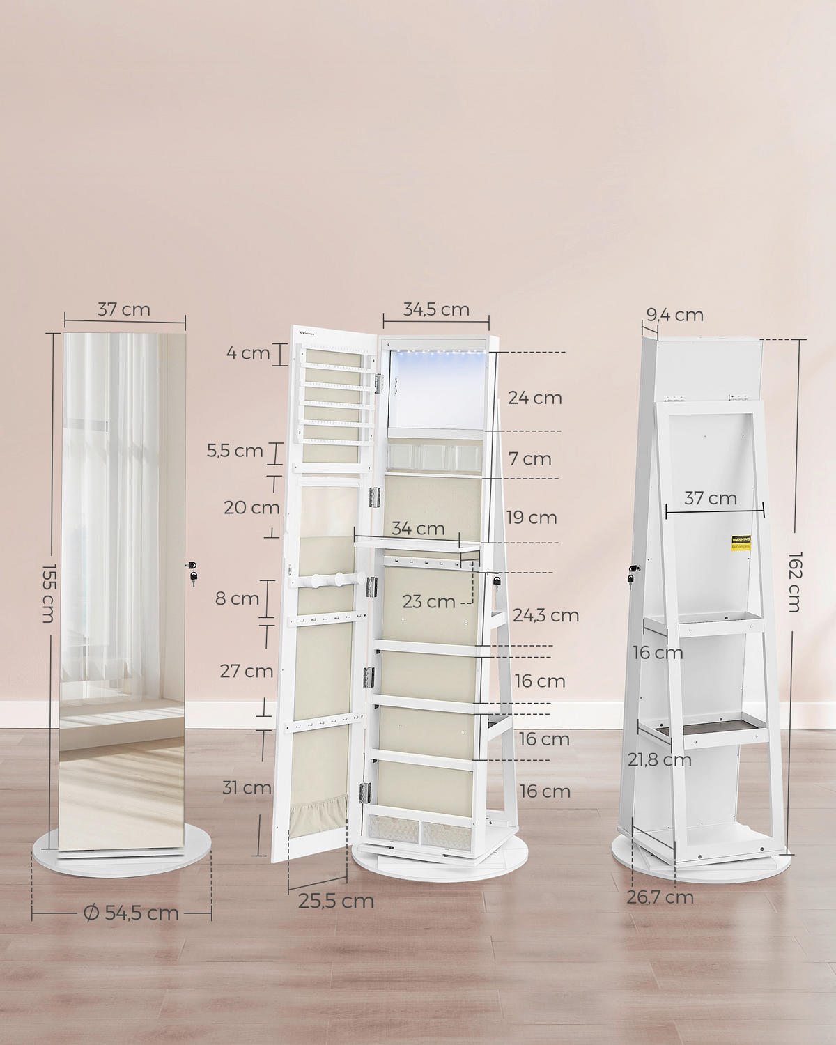SCHMUCKSCHRANK - Transparent/Graubraun, Trend, Glas/Holzwerkstoff (54,5/162/54,5cm) - Boxxx