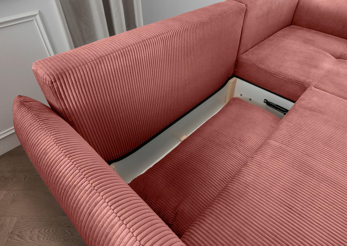 ECKSCHLAFSOFA in Cord Koralle  - Koralle/Schwarz, Basics, Holz/Textil (238/174cm) - Livetastic