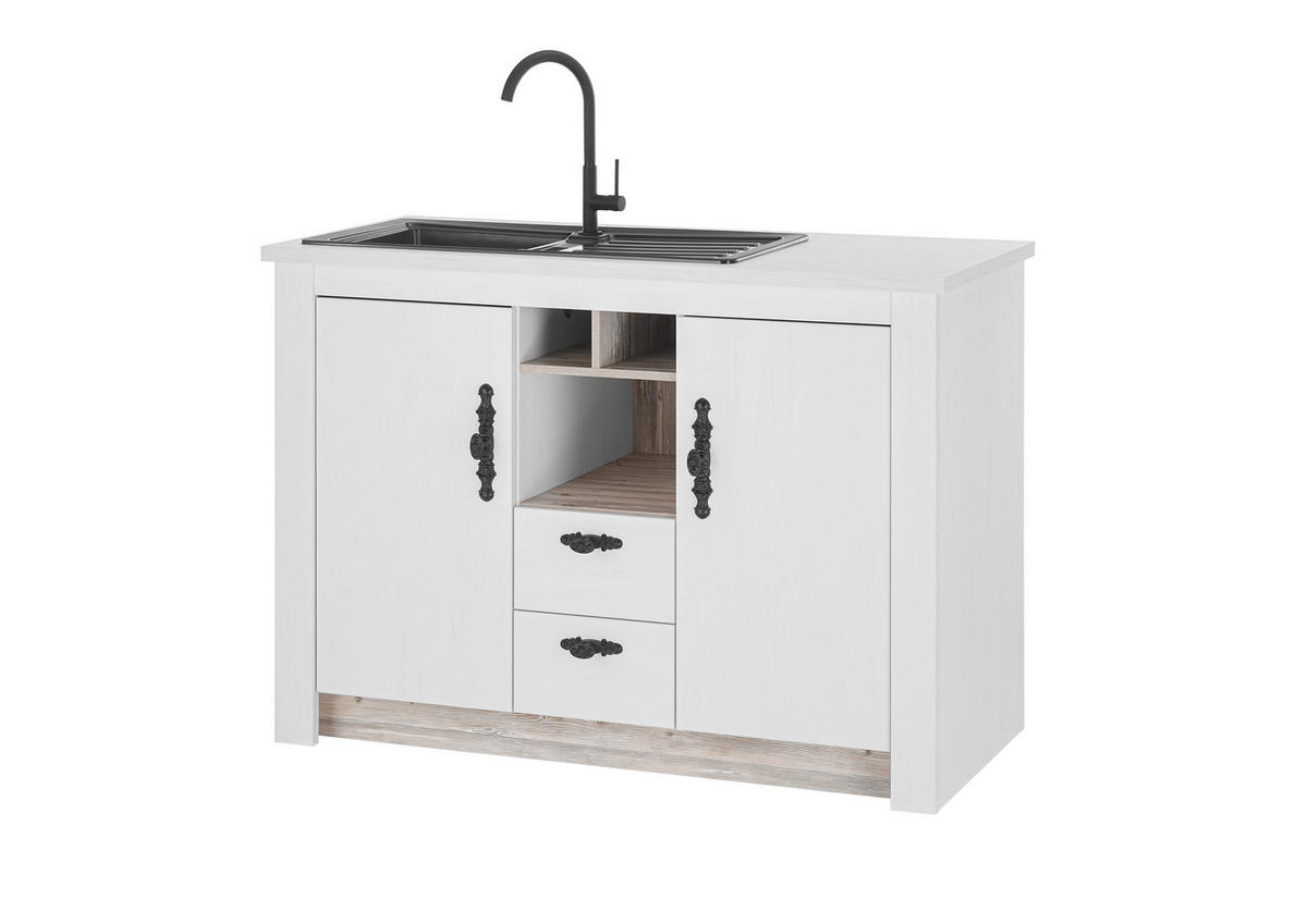 SPÜLENUNTERSCHRANK 130/92/60 cm  in Weiß, Pinienfarben  - Schwarz/Weiß, Trend, Holzwerkstoff/Metall (130/92/60cm) - MID.YOU
