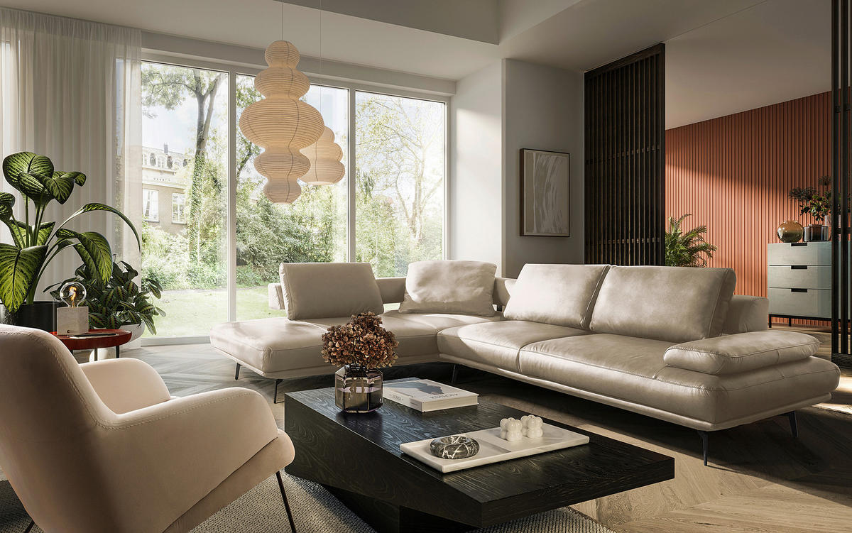 ECKSOFA  in Echtleder Creme  237/306 cm  - Creme/Schwarz, Design, Leder/Metall (237/306cm) - Livetastic