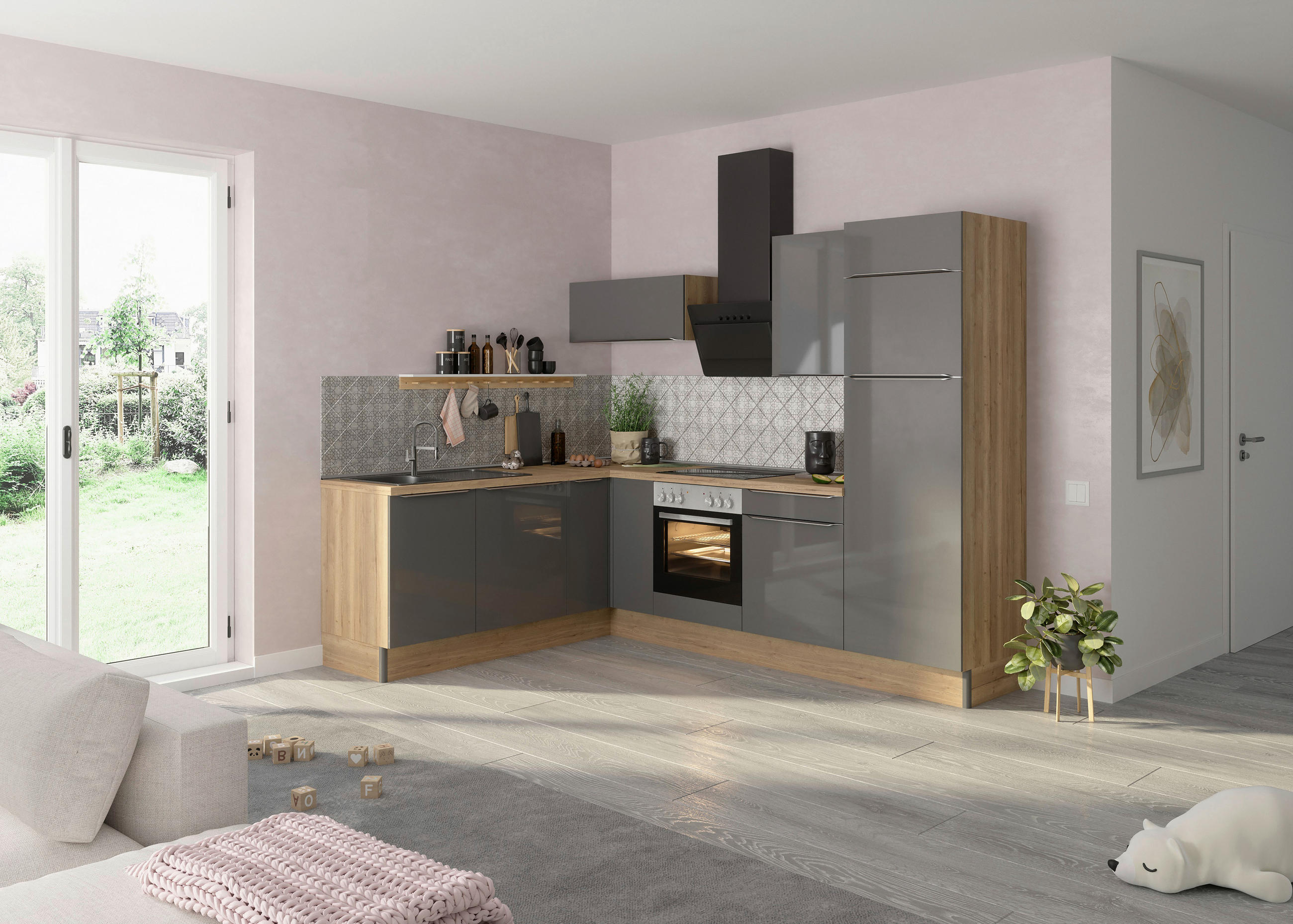 ECKKÜCHE 200/270 cm in Anthrazit, Eichefarben - Edelstahlfarben/Eichefarben, Basics, Holzwerkstoff/Metall (200/270cm) - Optifit