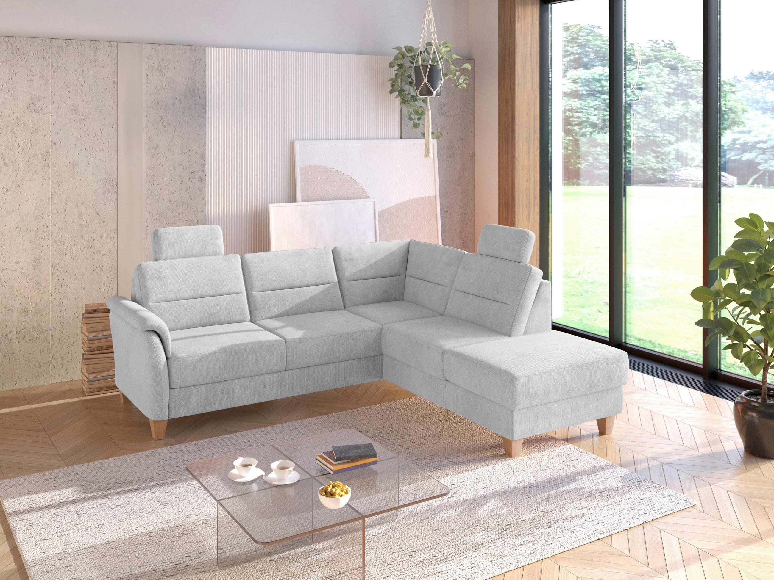 ECKSOFA PALMERA V Silberfarben Flachgewebe Kopfstütze, Liegefläche im Originalstoff  - Eichefarben/Silberfarben, KONVENTIONELL, Holz/Textil (236/212cm) - Sit & More