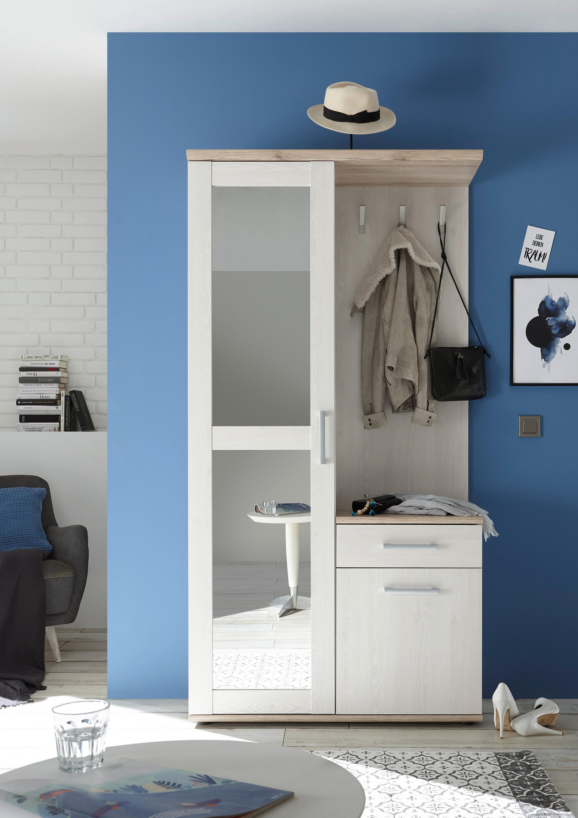 ANSAMBLU DE HOL - alb/culoare lemn stejar, Design, sticlă/material pe bază de lemn (100/195/38cm) - MID.YOU