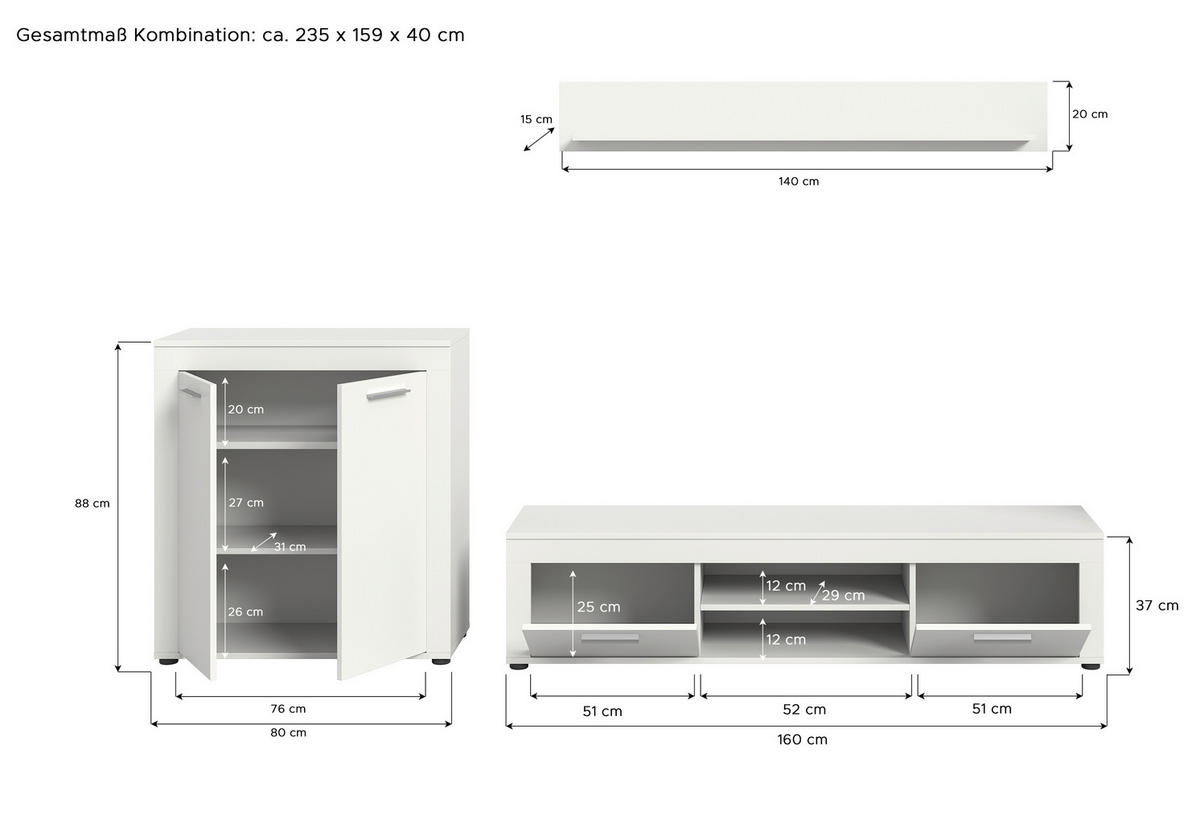WOHNWAND 3-teilig  in Weiß  255/159/35 cm  - Silberfarben/Schwarz, Design, Holzwerkstoff/Kunststoff (255/159/35cm) - MID.YOU