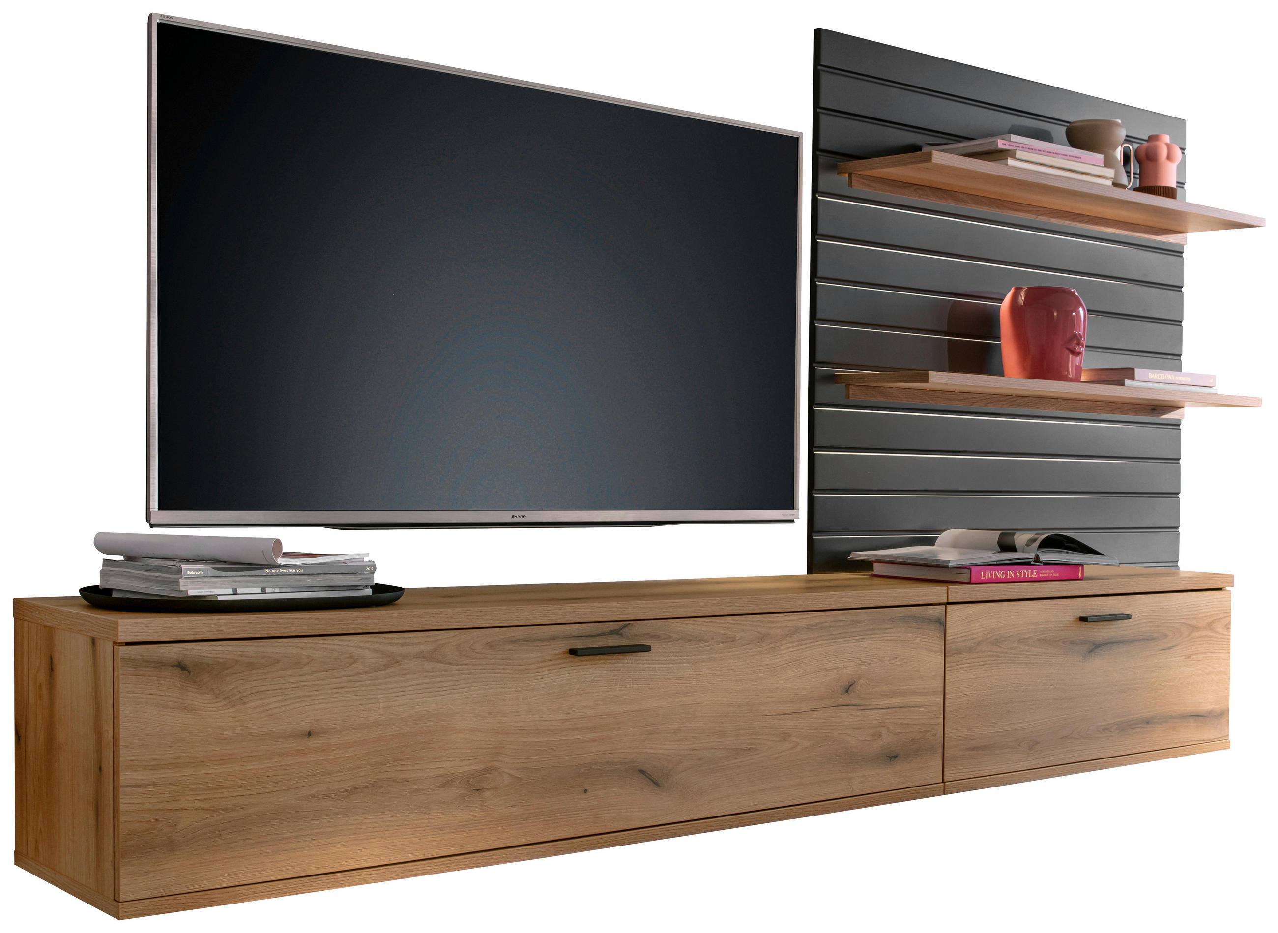 WOHNWAND 2-teilig  in Grau, Eichefarben  270/159/37 cm  - Eichefarben/Anthrazit, Design, Holzwerkstoff/Metall (270/159/37cm) - home24