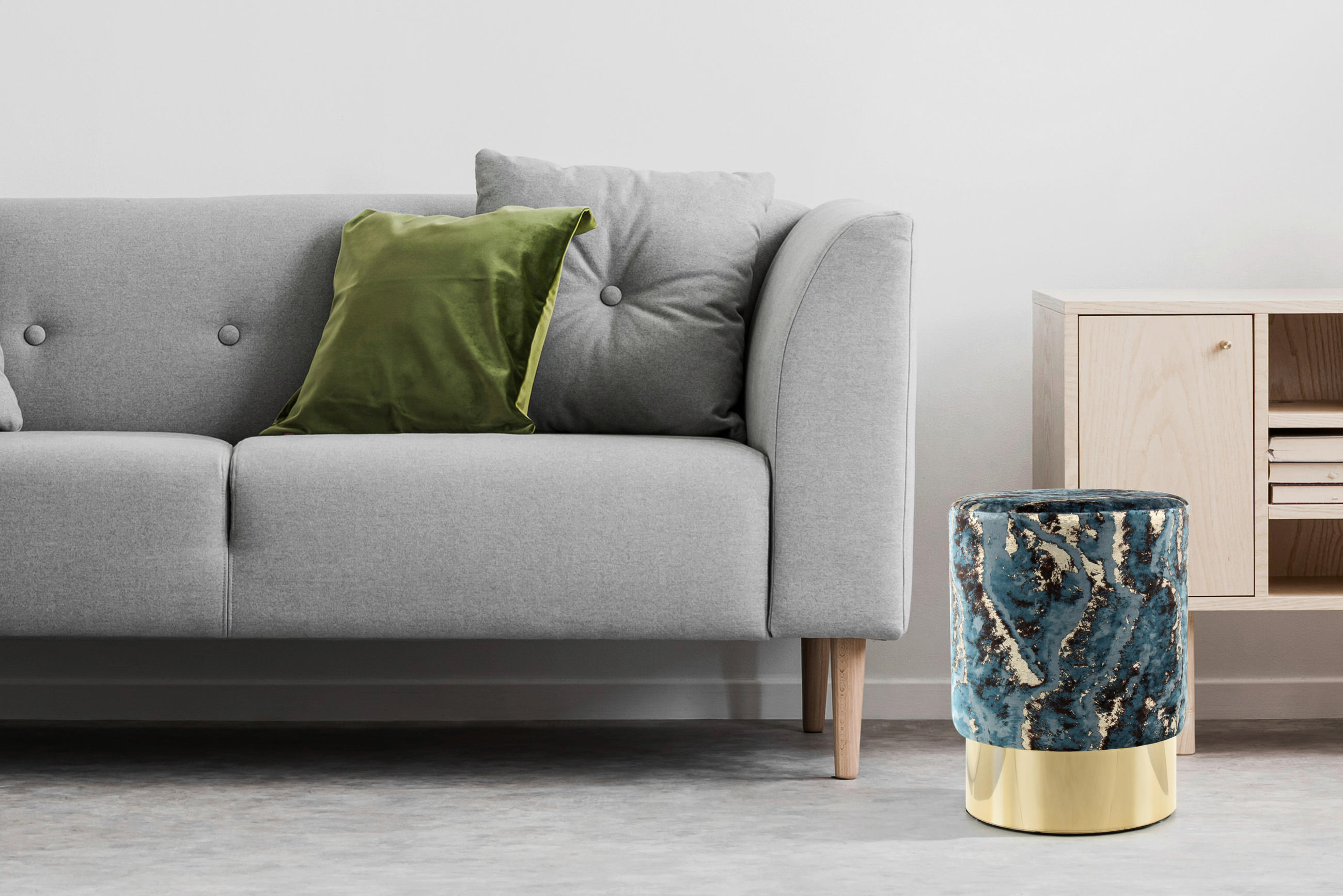 HOCKER in Textil Dunkelblau  - Goldfarben/Dunkelblau, Design, Textil/Metall (35/46/35cm) - Kayoom