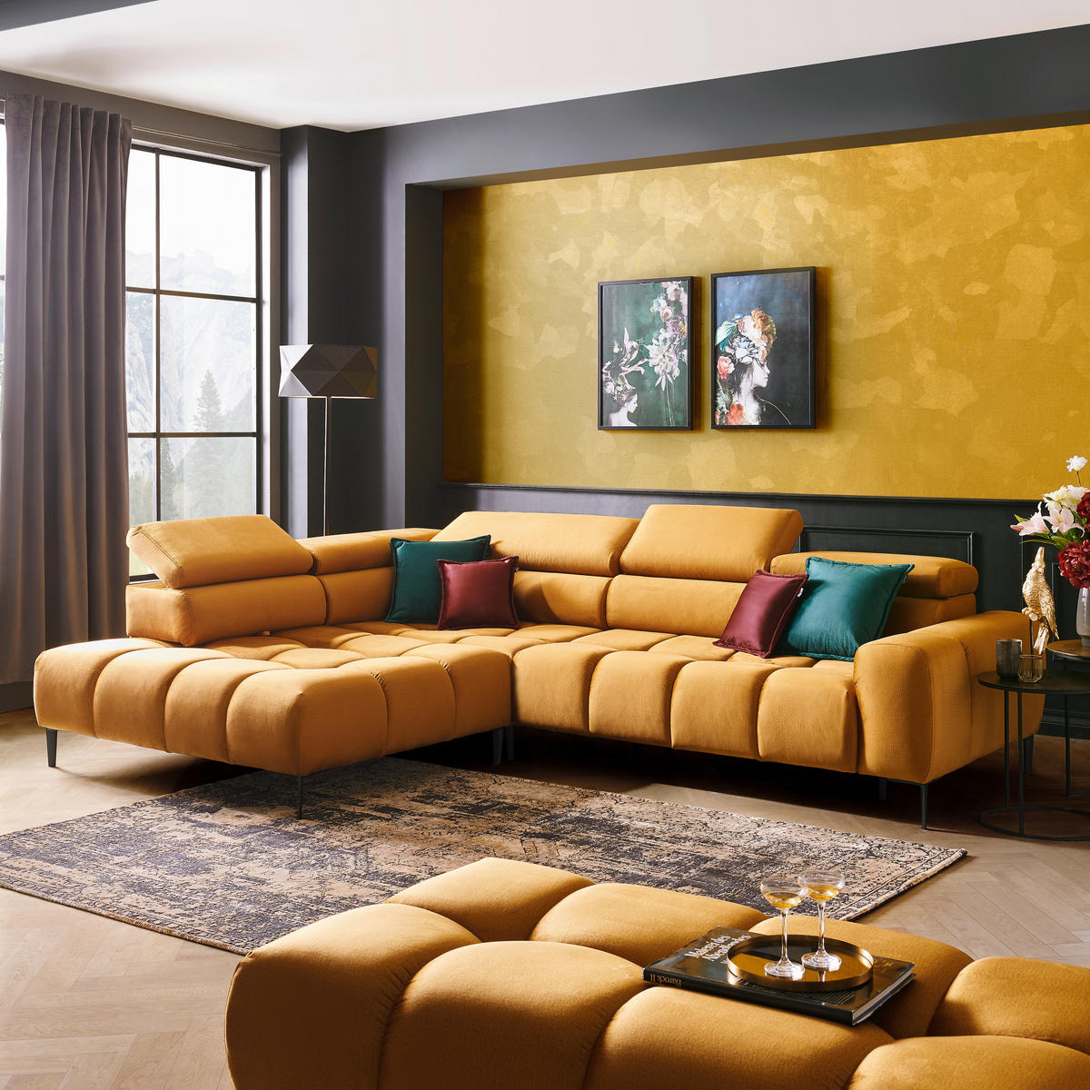 ECKSOFA in Webstoff Currygelb  - Currygelb/Schwarz, Design, Textil/Metall (216/300cm) - Welnova