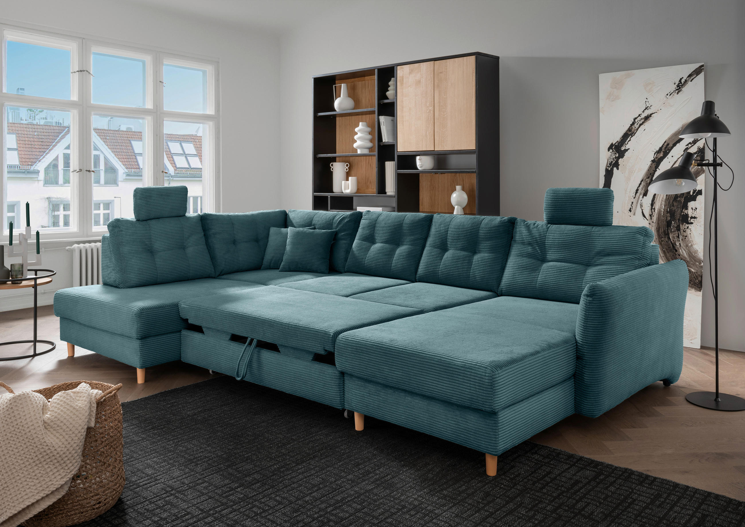 WOHNLANDSCHAFT in Cord Petrol - Petrol/Naturfarben, MODERN, Holz/Textil (206/338-352/176cm) - Livetastic
