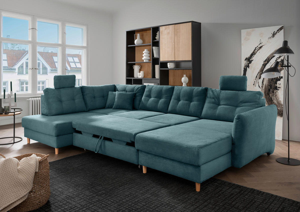 WOHNLANDSCHAFT in Cord Petrol  - Petrol/Naturfarben, Modern, Holz/Textil (206/338-352/176cm) - Livetastic
