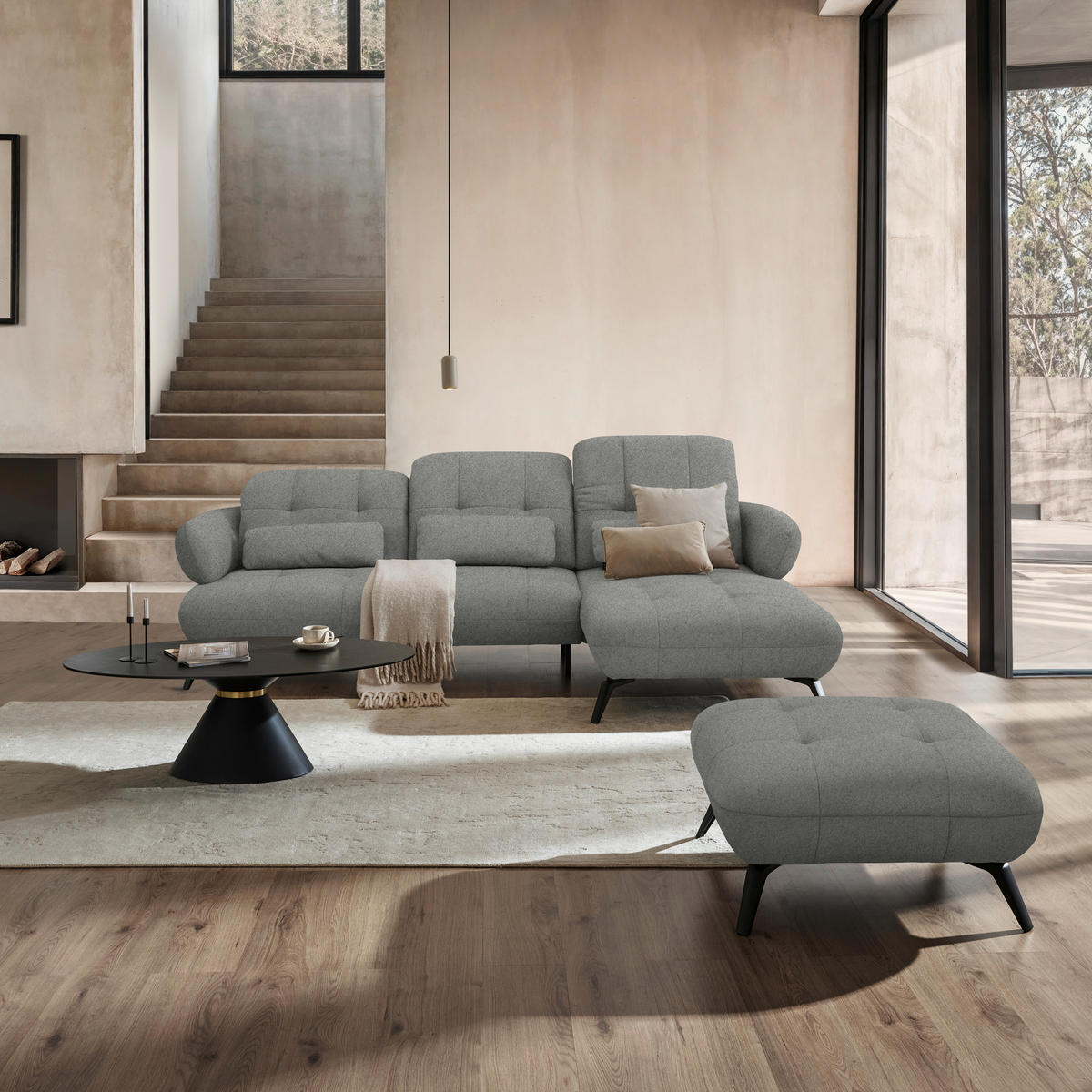 ECKSOFA Chenille Hellgrau  - Hellgrau/Schwarz, Design, Textil/Metall (282/189cm) - Novel