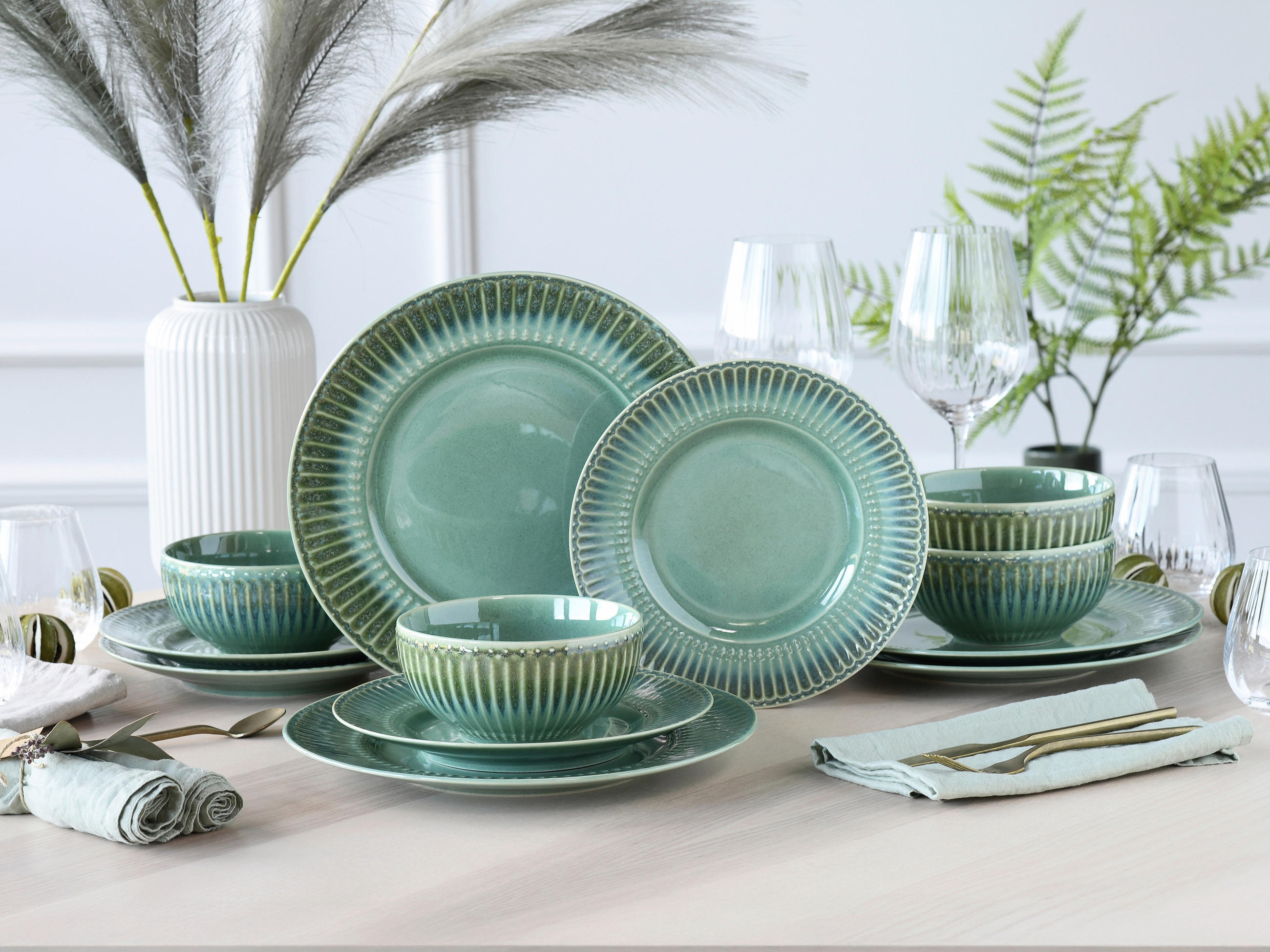 TAFELSERVICE Salbeigrün Celadon Grün 12-teilig  - Salbeigrün, Basics, Keramik - Creatable