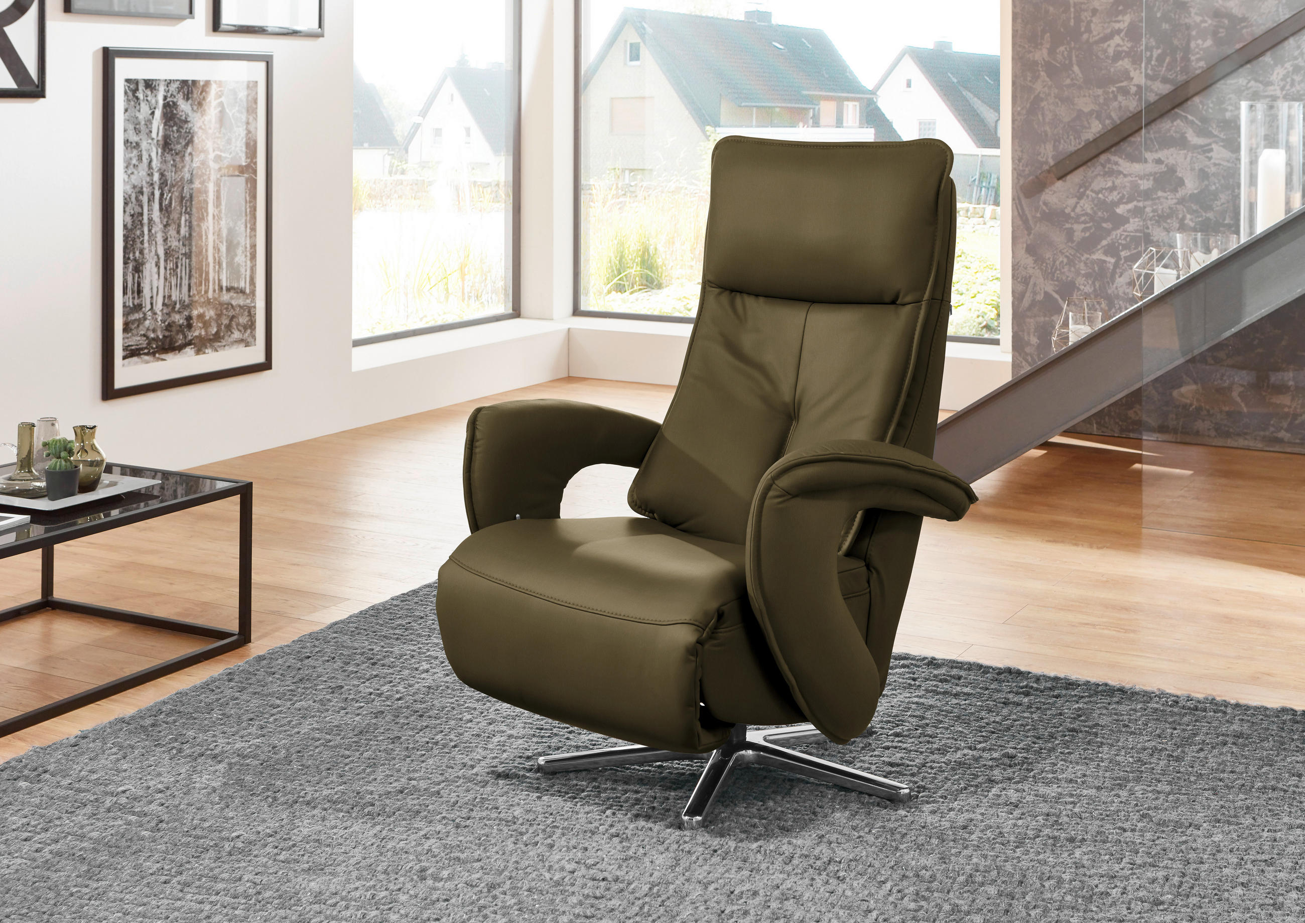 RELAXSESSEL in Leder Grün  - Edelstahlfarben/Grün, Design, Leder/Metall (77/110/87cm) - Valdera