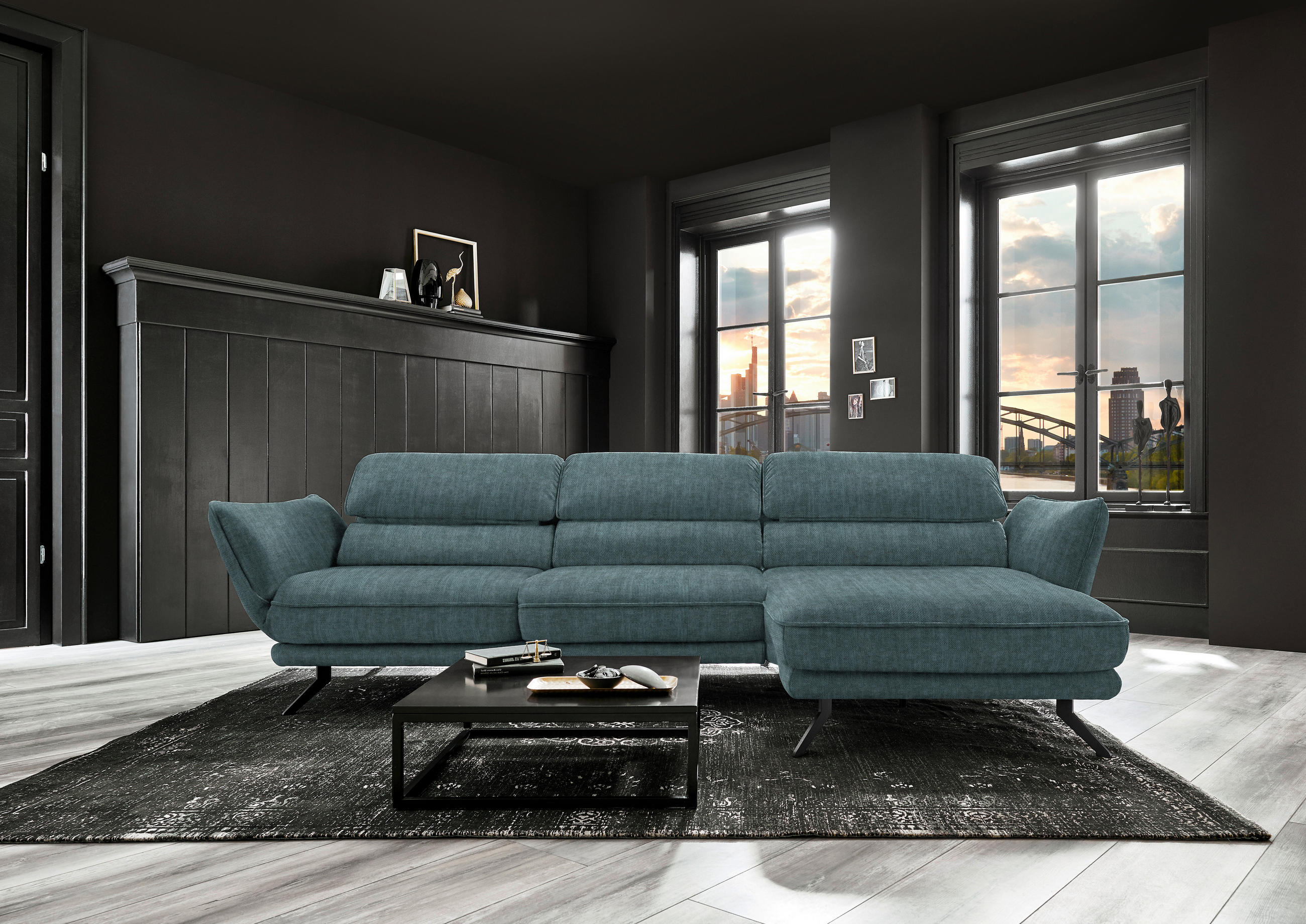ECKSOFA in Velours Opal  - Opal/Schwarz, Design, Textil/Metall (283/153cm) - Valdera