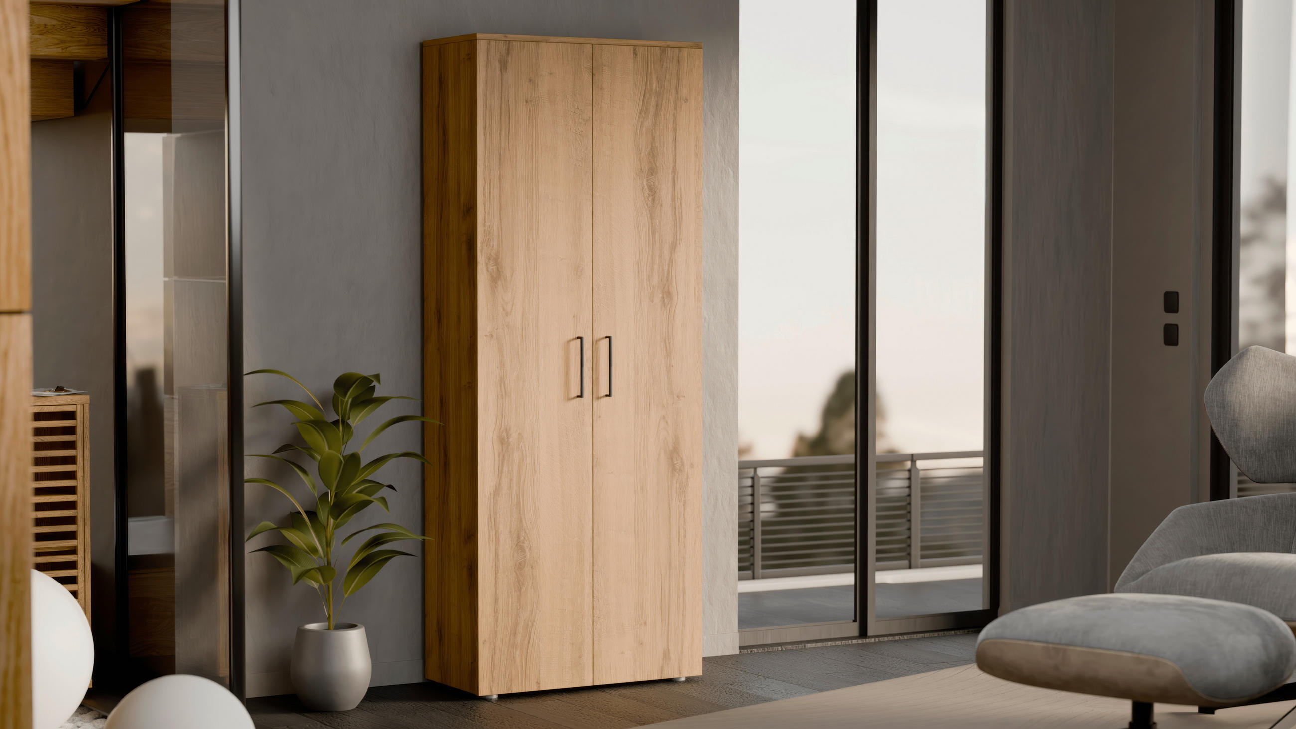 SCHUHSCHRANK 80/200/38 cm  - Eichefarben/Silberfarben, Basics, Holzwerkstoff/Kunststoff (80/200/38cm) - Moderano