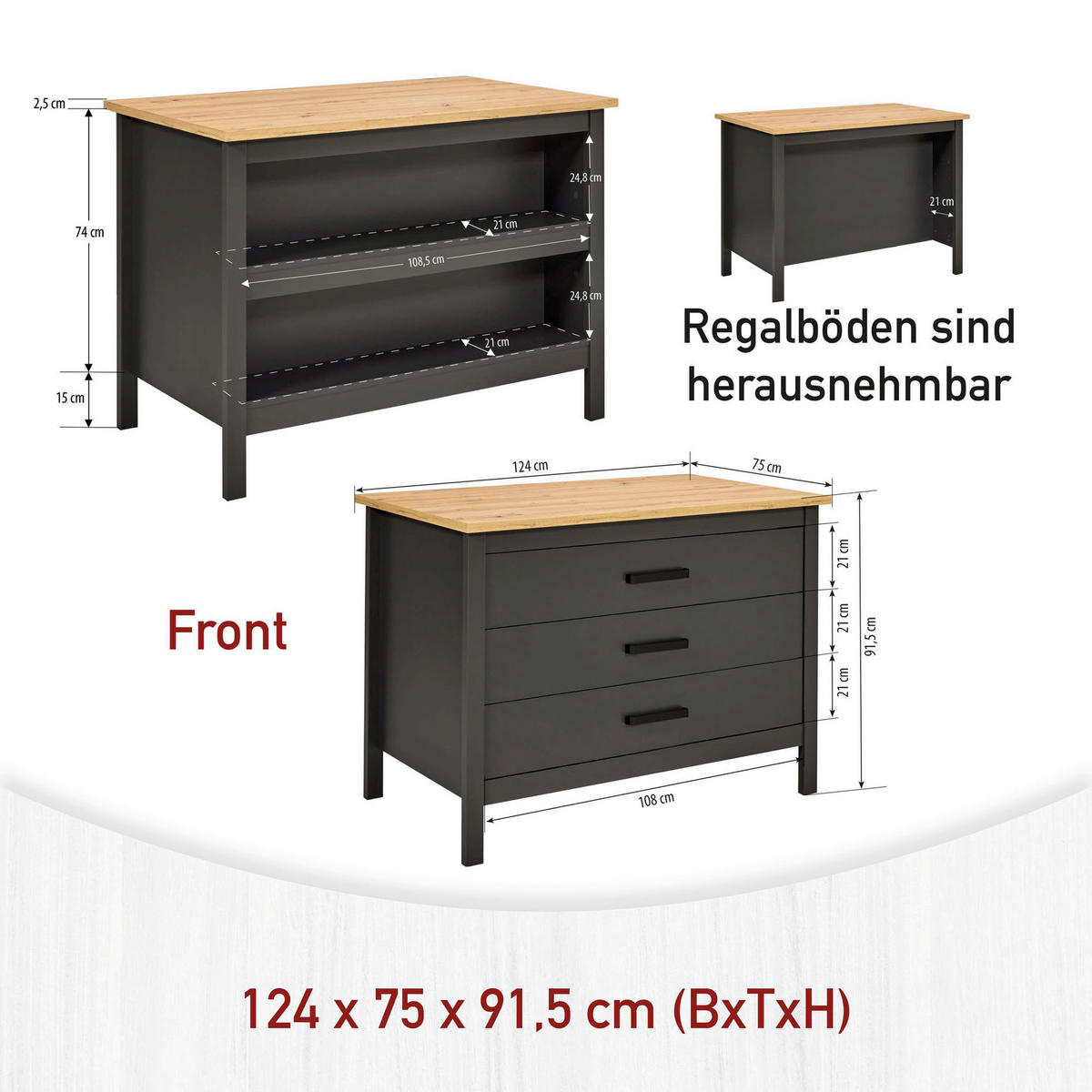 KÖKSÖ 124/91/75 cm  i antracit, ek Artisan  - svart/ek Artisan, Modern, metall/trämaterial (124/91/75cm) - home24