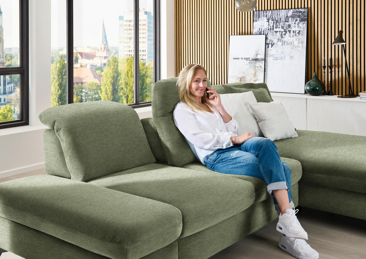 ECKSOFA  in Chenille Olivgrün  288/198 cm  - Schwarz/Olivgrün, Design, Textil/Metall (288/198cm) - Beldomo Style