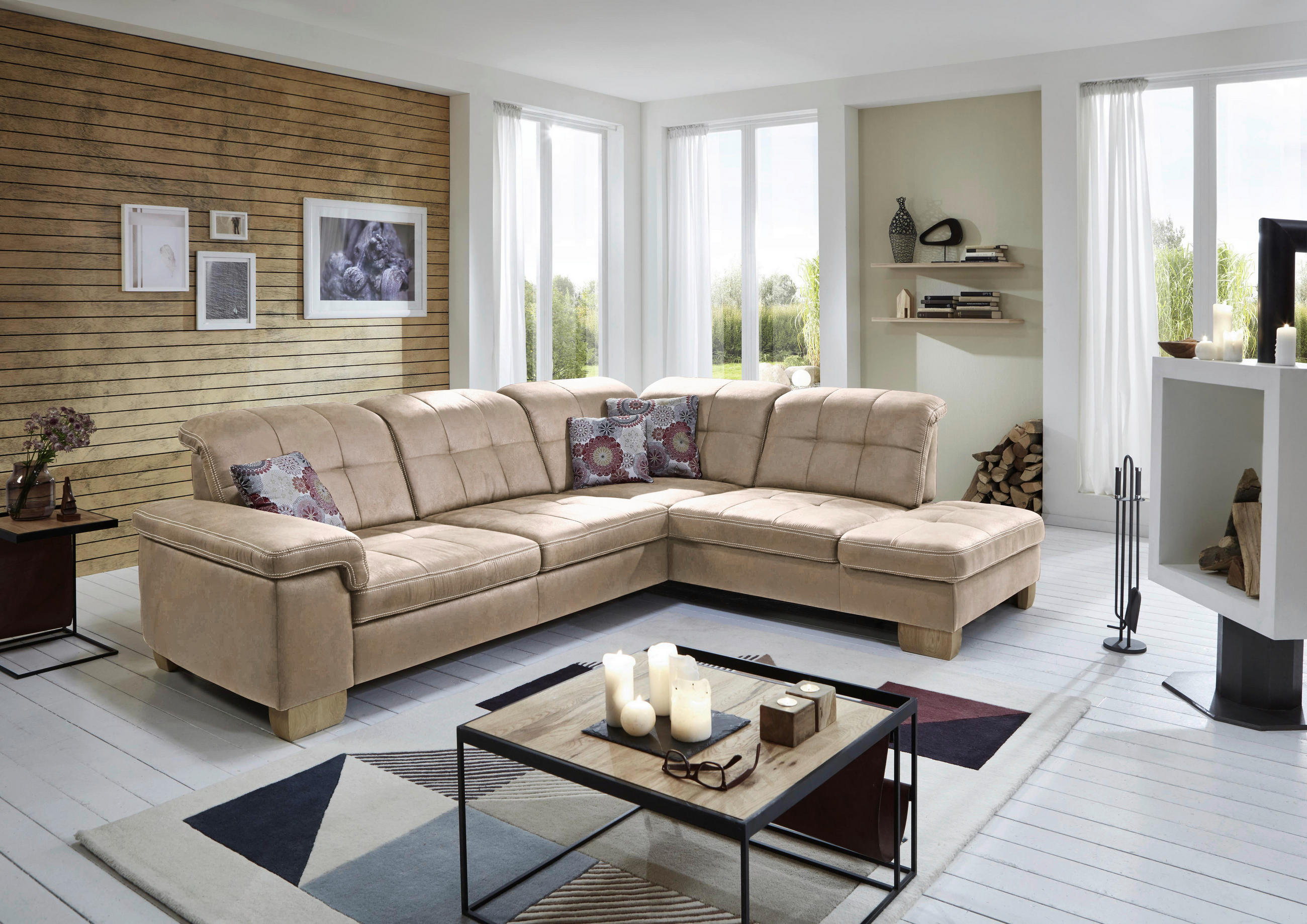 Thumbnail - Carryhome Ecksofa, Beige, Textil, Wildeiche, massiv, 3-4-Sitzer, Ottomane rechts, 299x243 cm, Made in EU, Fußauswahl, St...