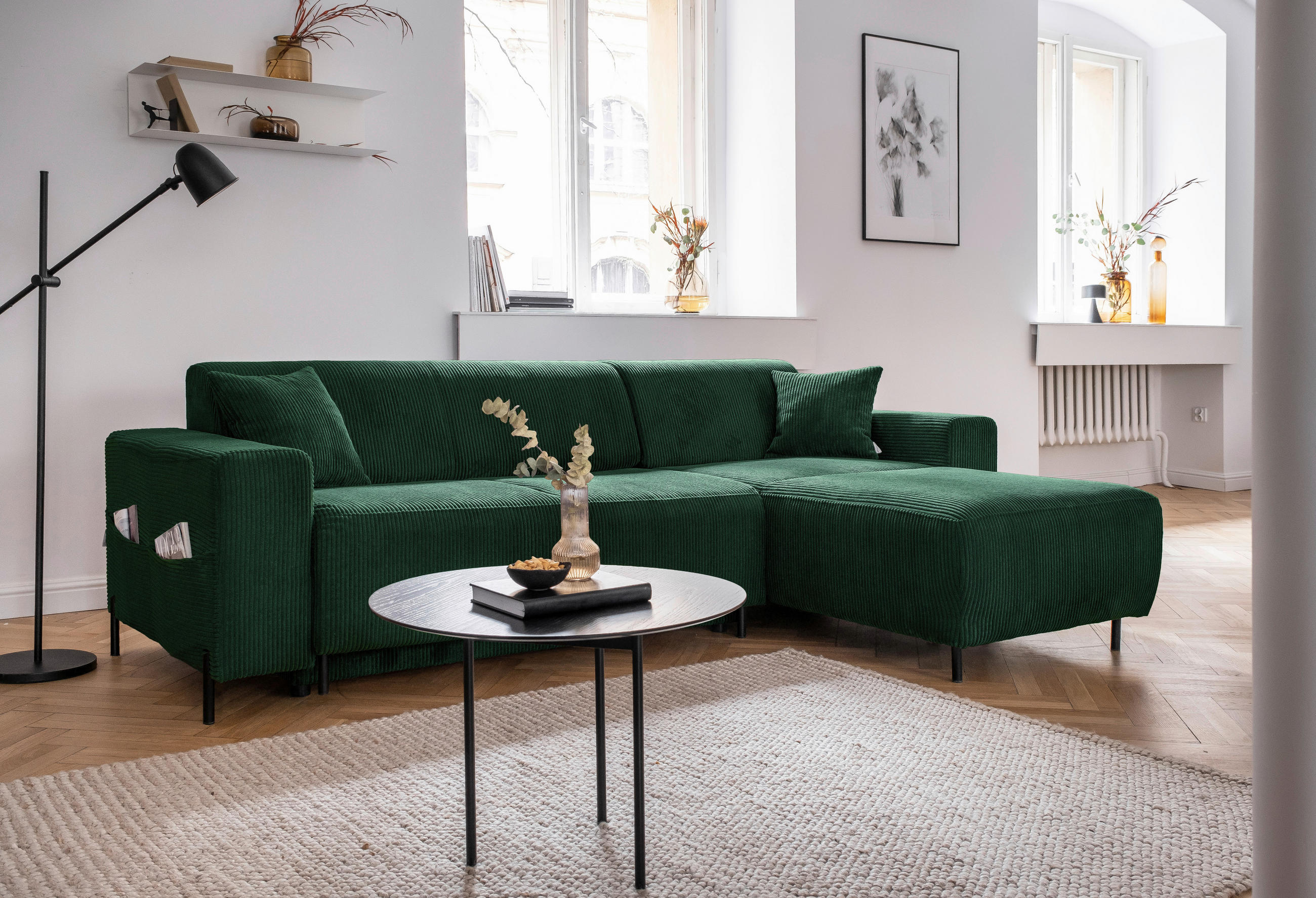 ECKSOFA Dunkelgrün Cord  - Dunkelgrün/Schwarz, Textil/Metall (260/165cm) - MID.YOU