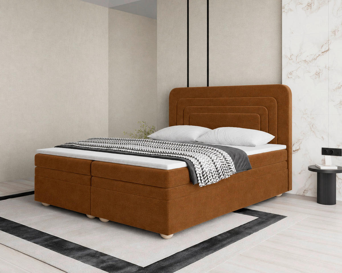 BOXBETT 160/200 cm,  in Terracotta, gepolstertes Kopfteil, Bettkasten, Topper, H2 + H3 = mittel + fest  - Terracotta/Bronzefarben, MODERN, Holz/Kunststoff (160/200cm) - Livetastic