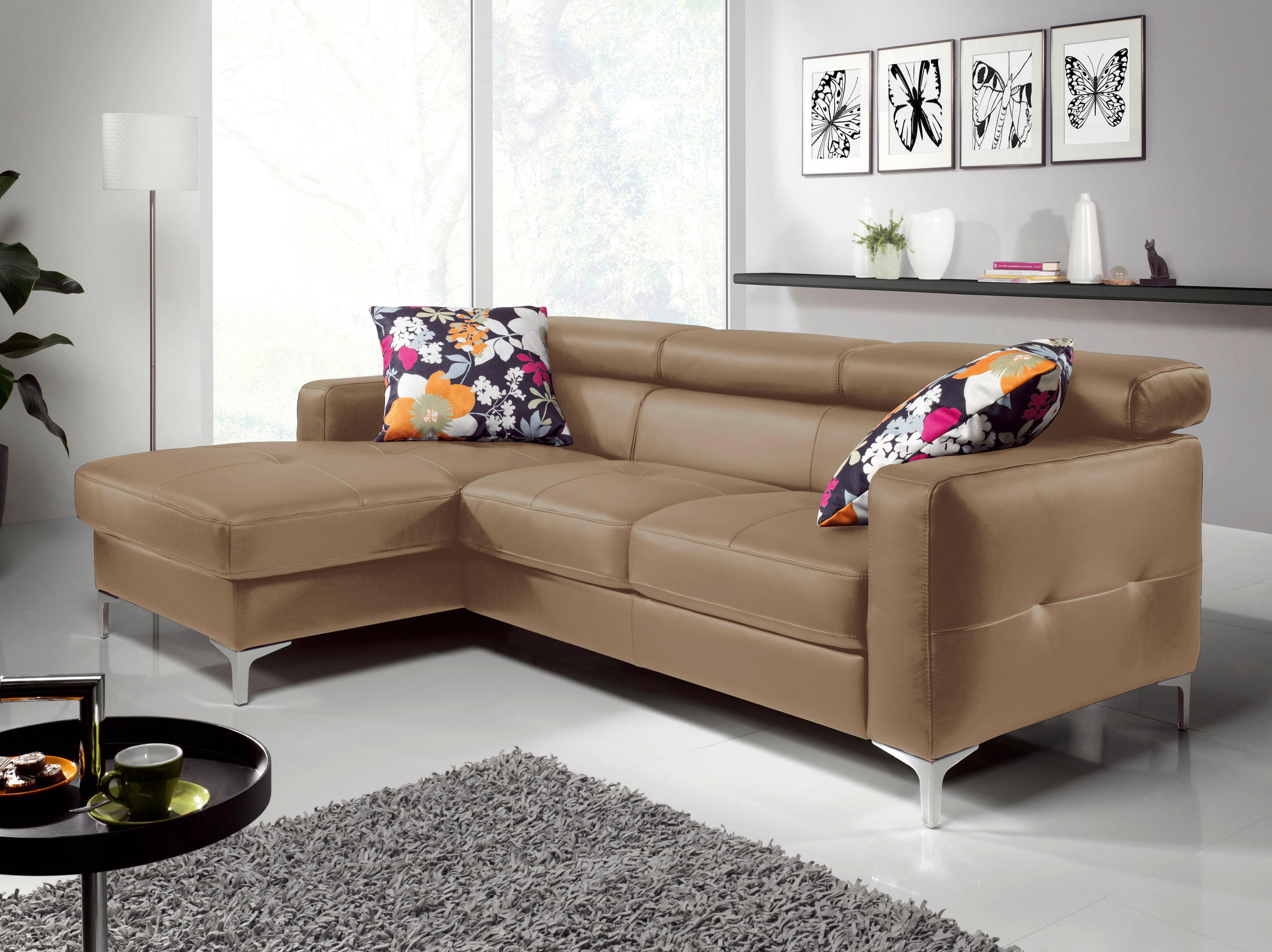 ECKSOFA Hellbraun Echtleder  - Chromfarben/Hellbraun, Design, Leder/Metall (168/227cm) - Livetastic