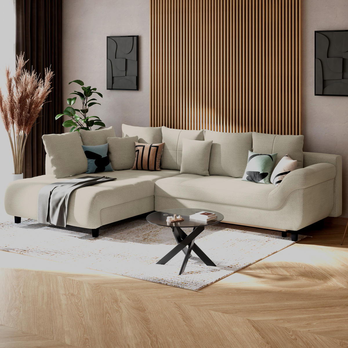 ECKSOFA MENDOZA NEW Hellgrau Chenille, Struktur Zierkissen, Rückenkissen, Bettkasten  - Hellgrau/Schwarz, KONVENTIONELL, Textil (197/309cm) - MID.YOU