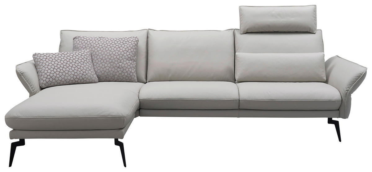 ECKSOFA Hellgrau Echtleder  - Hellgrau/Schwarz, LIFESTYLE, Leder/Metall (168/260cm) - Moderano