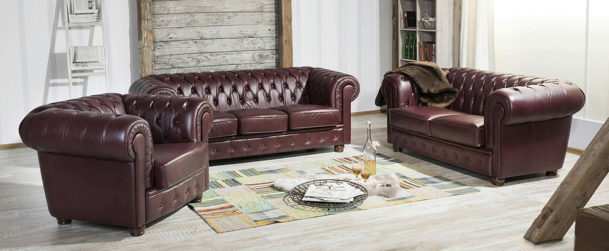 CHESTERFIELD-SITZGARNITUR in Echtleder Rot  - Rot/Nussbaumfarben, Design, Leder/Holz - Max Winzer
