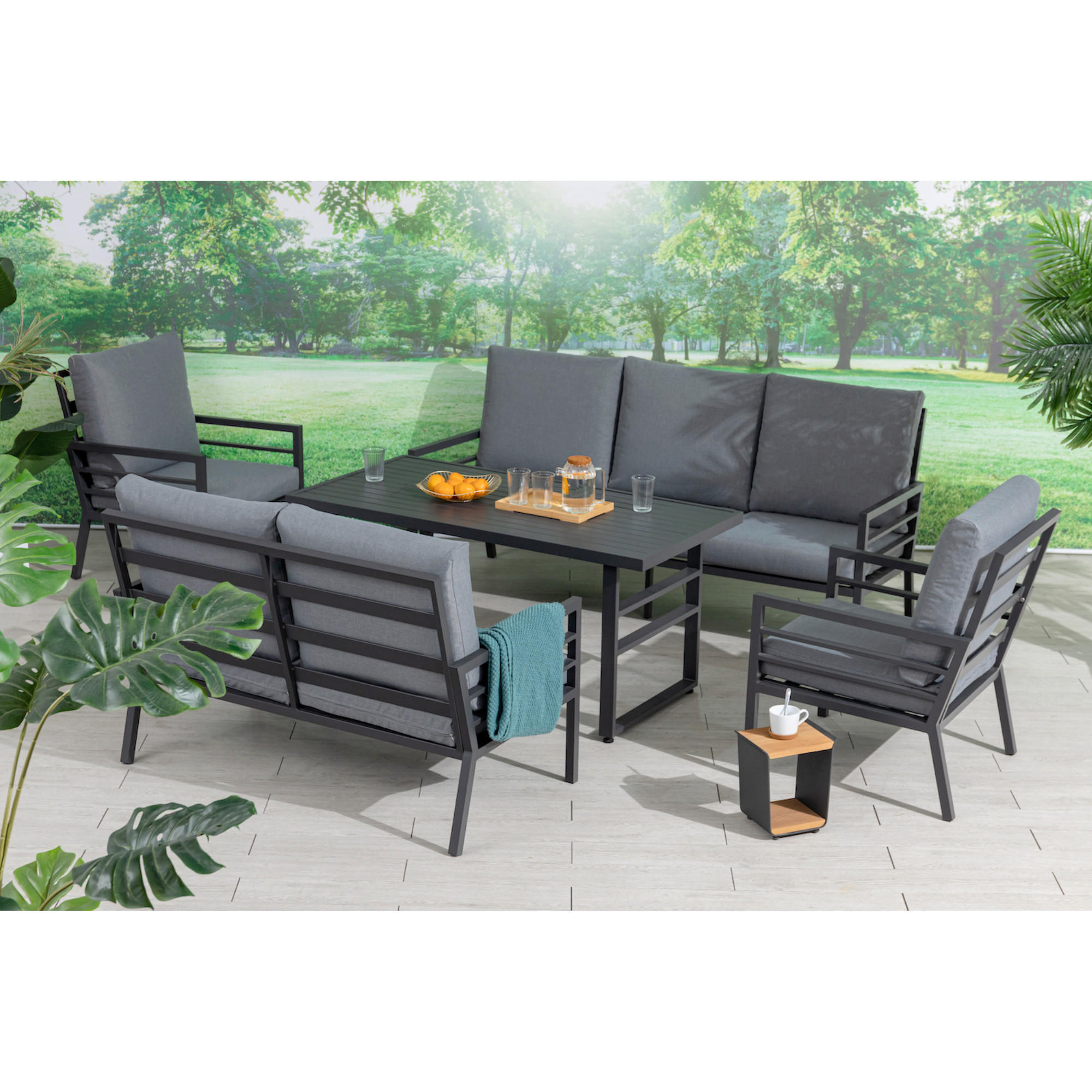 DINING-LOUNGESET 5-teilig  - Anthrazit/Grau, MODERN, Textil/Metall - Gardenson