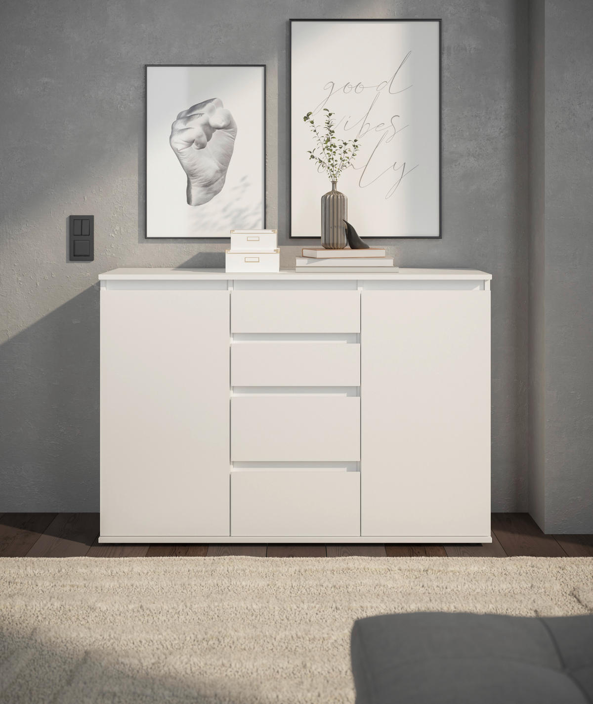 KOMODA, bela  - siva/bela, Design, umetna masa/leseni material (119/84/35cm) - Carryhome