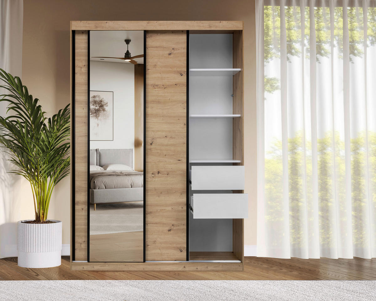 SCHIEBETÜRENSCHRANK 150/215/59,5 cm 3-türig  - Schwarz/Eiche Artisan, MODERN, Holzwerkstoff/Metall (150/215/59,5cm) - MID.YOU