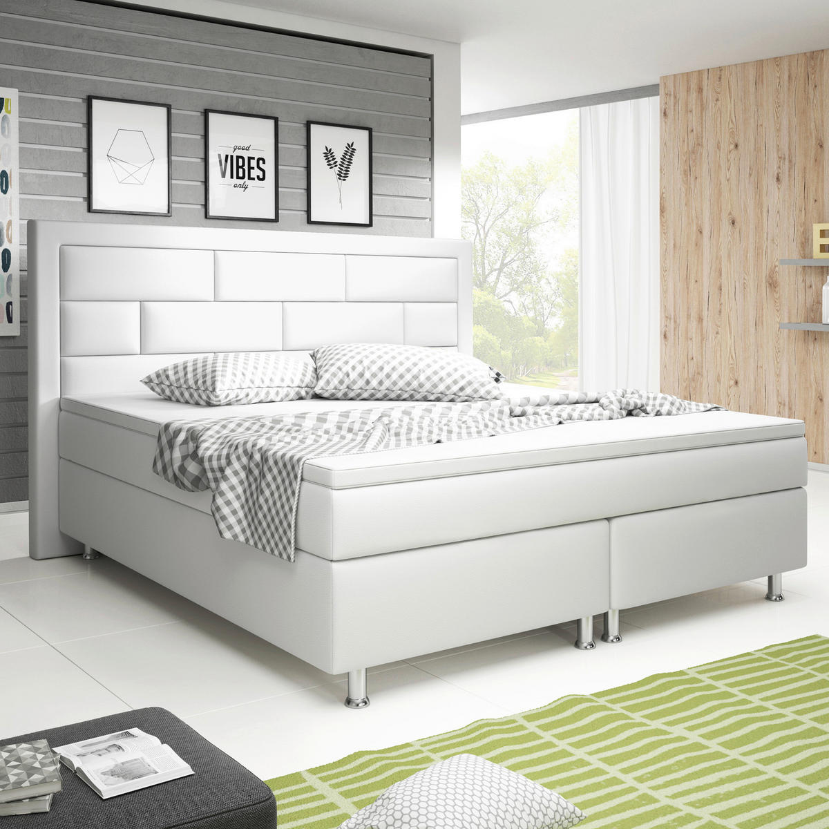 BOXSPRINGBETT 180/200 cm  in Weiß  - Silberfarben/Weiß, KONVENTIONELL, Leder/Textil (180/200cm) - MID.YOU
