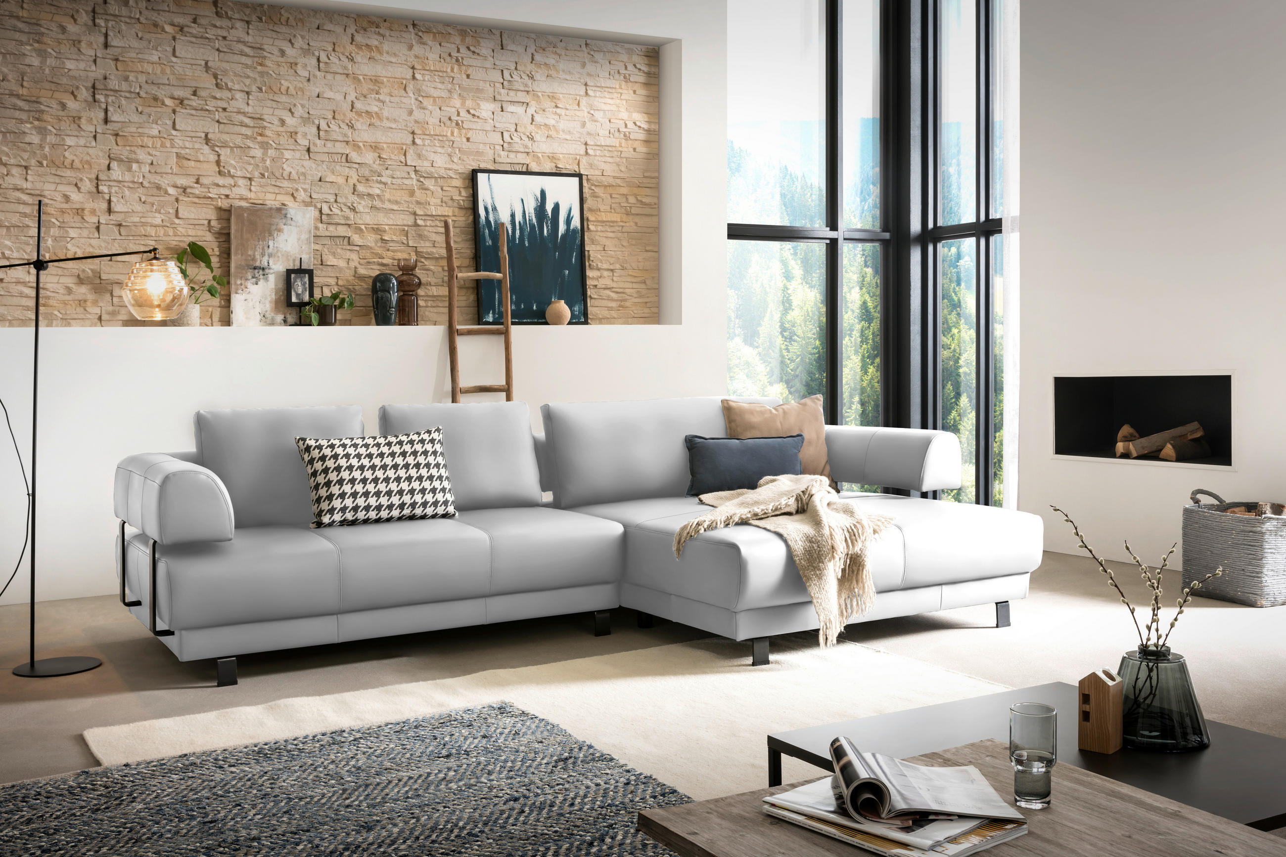 ECKSOFA Weiß Echtleder  - Schwarz/Weiß, Design, Leder/Metall (307/188cm)