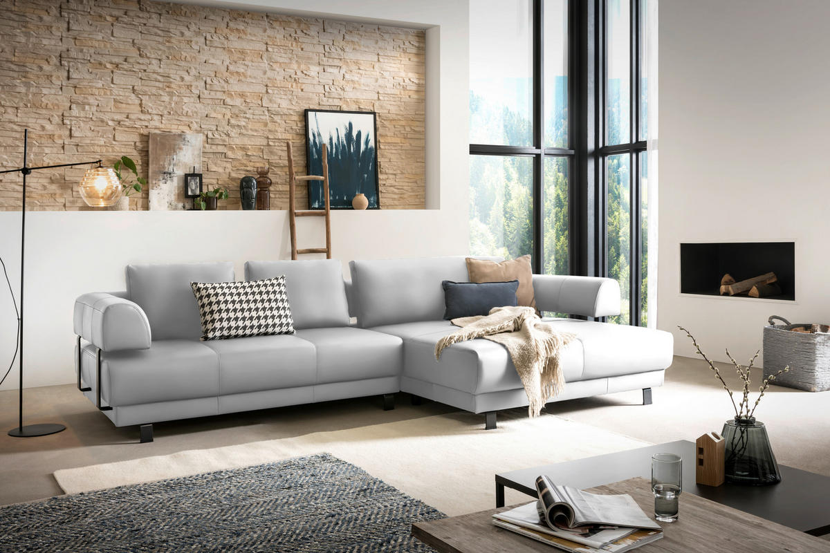 ECKSOFA Weiß Echtleder  - Schwarz/Weiß, Design, Leder/Metall (307/188cm)