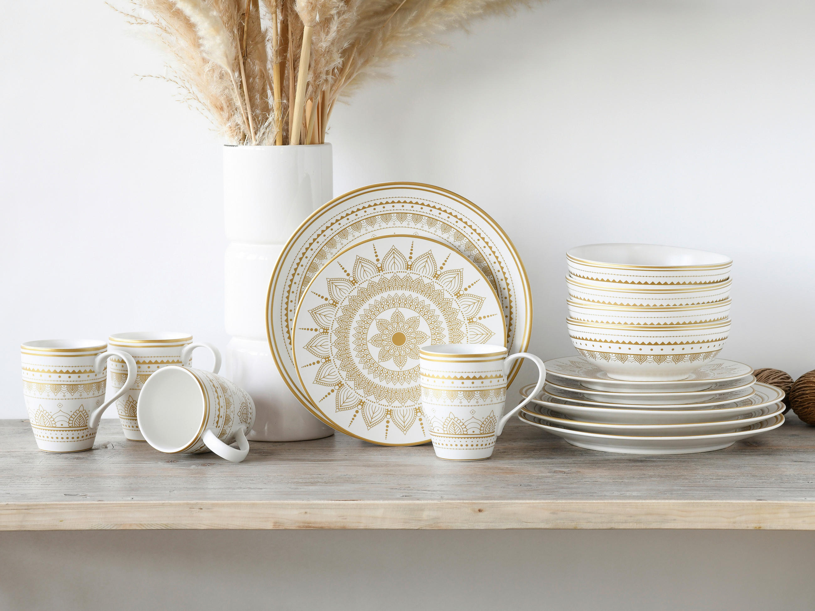 KOMBISERVICE Weiß, Goldfarben 16-teilig  - Goldfarben/Weiß, Keramik - Creatable