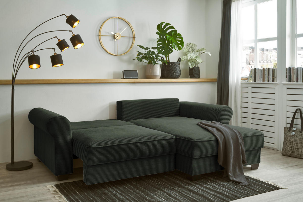 ECKSOFA in Cord Dunkelgrün  - Dunkelgrün/Schwarz, Basics, Kunststoff/Textil (255/92/185cm) - MID.YOU