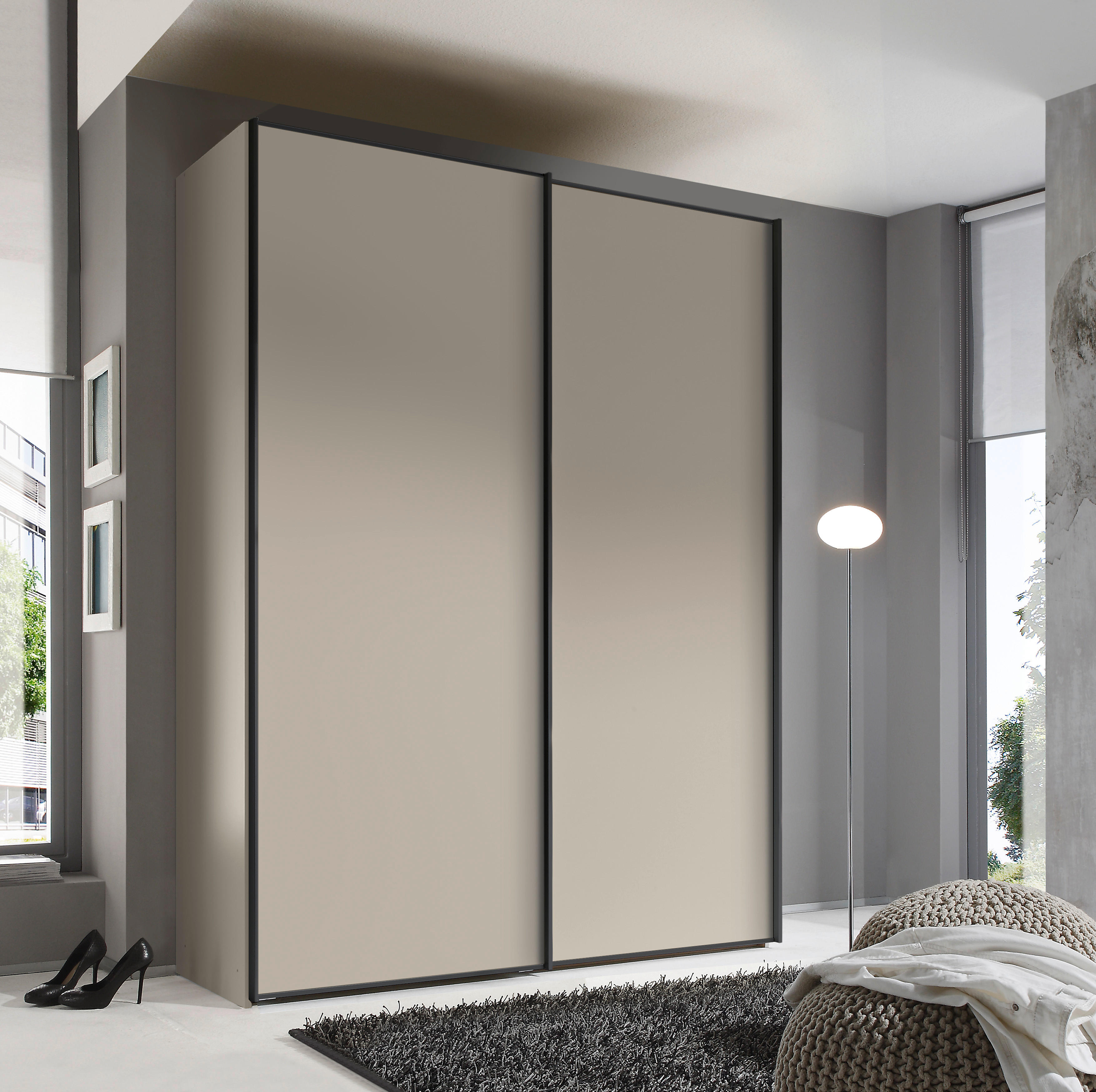 SCHWEBETÜRENSCHRANK in Sandfarben  - Sandfarben/Graphitfarben, Design, Holzwerkstoff/Metall (188/222/68cm) - Moderano