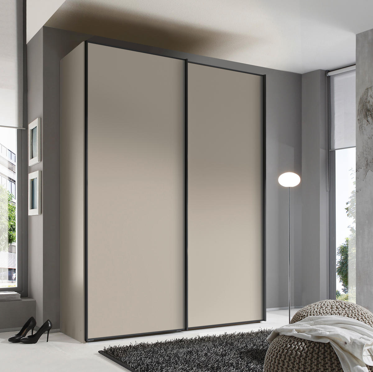 SCHWEBETÜRENSCHRANK in Sandfarben  - Sandfarben/Graphitfarben, Design, Holzwerkstoff/Metall (188/222/68cm) - Moderano