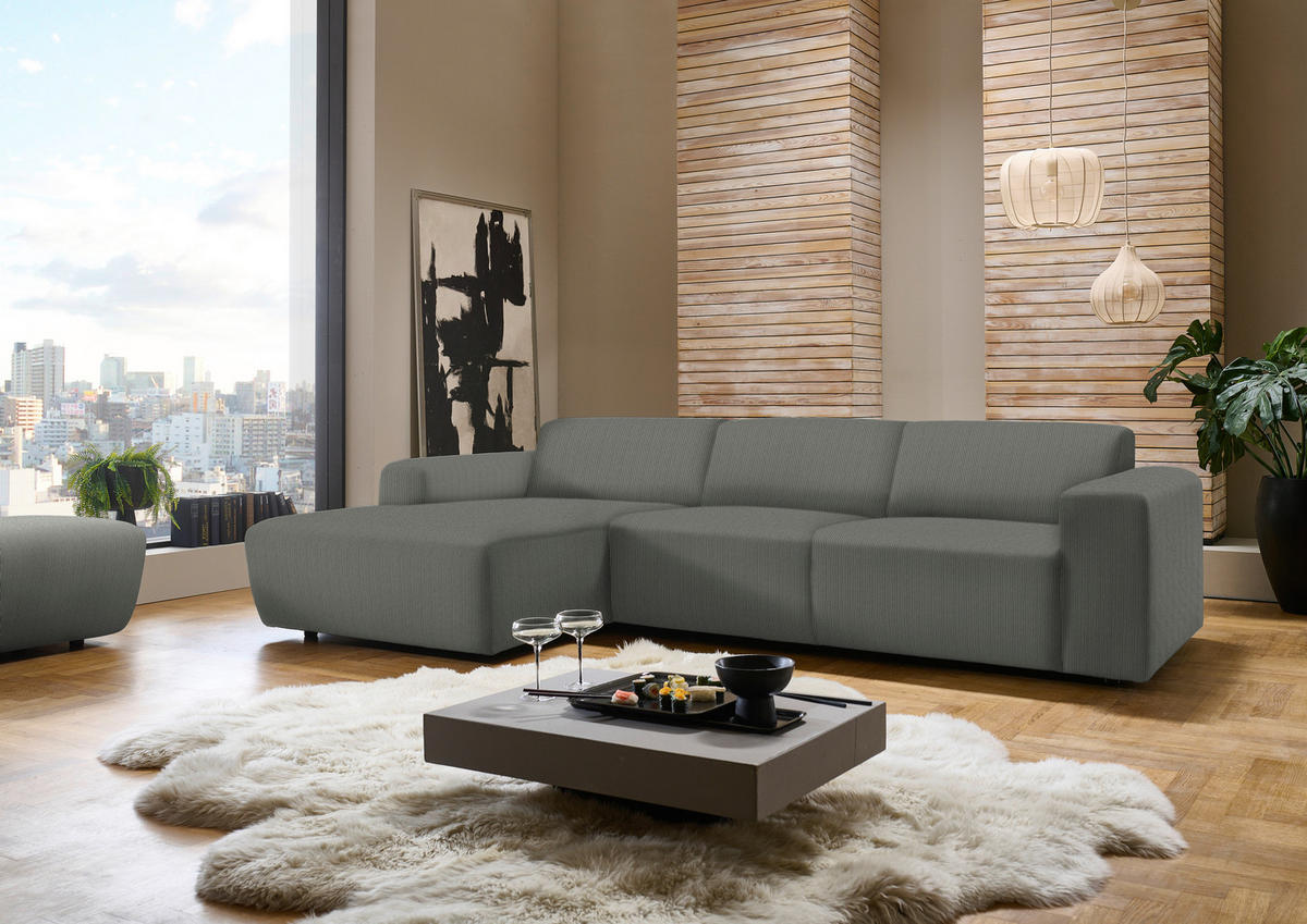 ECKSOFA in Feincord Grau  - Schwarz/Grau, Design, Kunststoff/Textil (174/302cm) - Beldomo Style