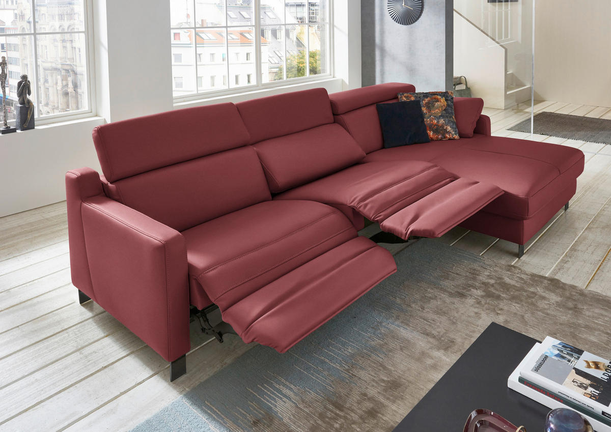 ECKSOFA in Echtleder Dunkelrot  - Schwarz/Dunkelrot, Design, Leder/Metall (291/176cm) - Valdera
