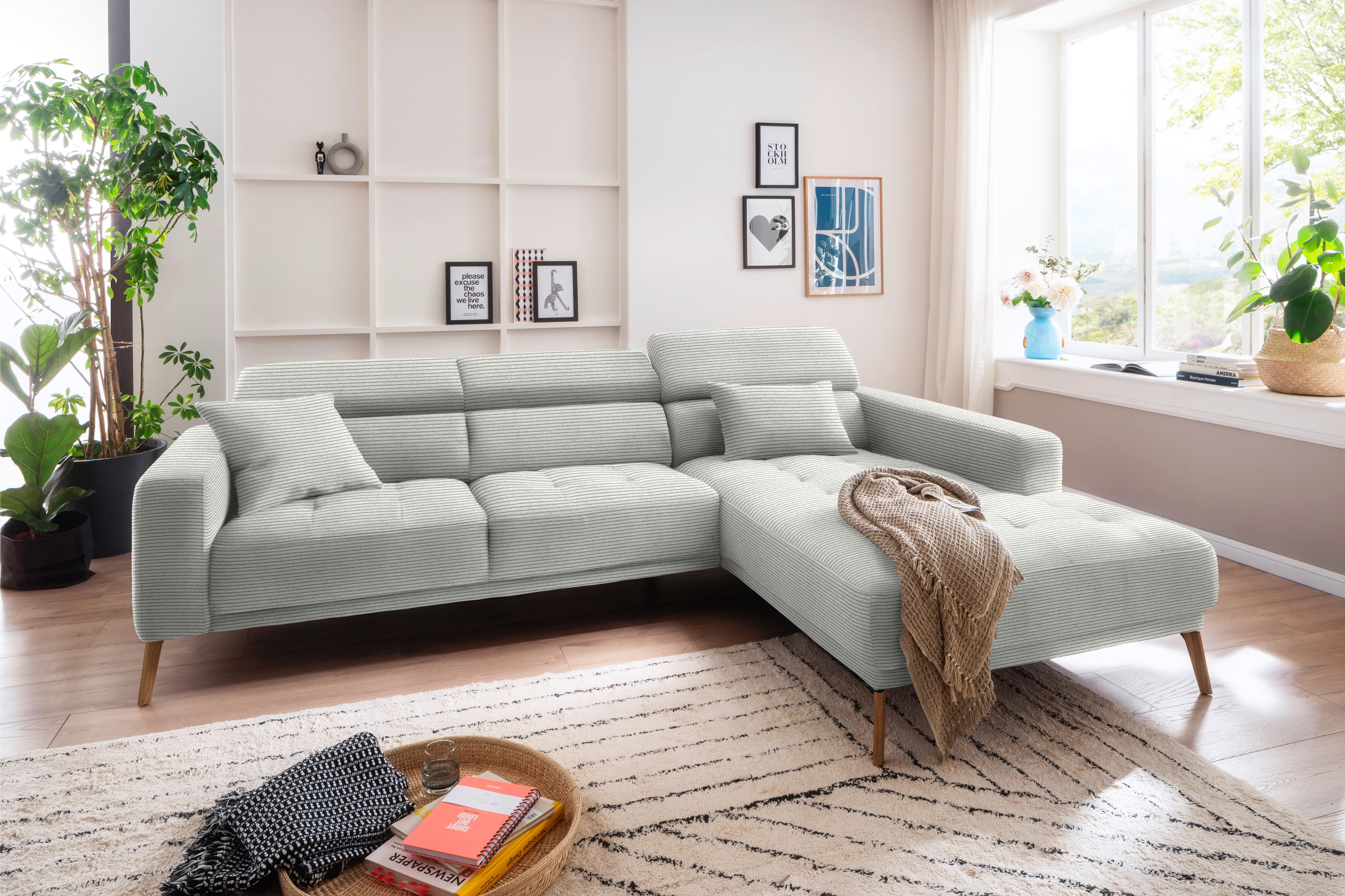 ECKSOFA Silberfarben, Hellgrau Cord  - Eichefarben/Silberfarben, Design, Holz/Textil (292/203cm) - Pure Home Lifestyle