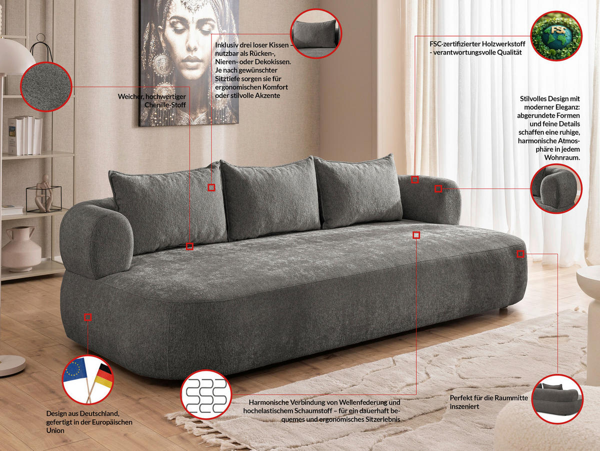 BIGSOFA in Chenille Anthrazit  - Anthrazit/Schwarz, Design, Kunststoff/Textil (240/76/122cm) - Livetastic