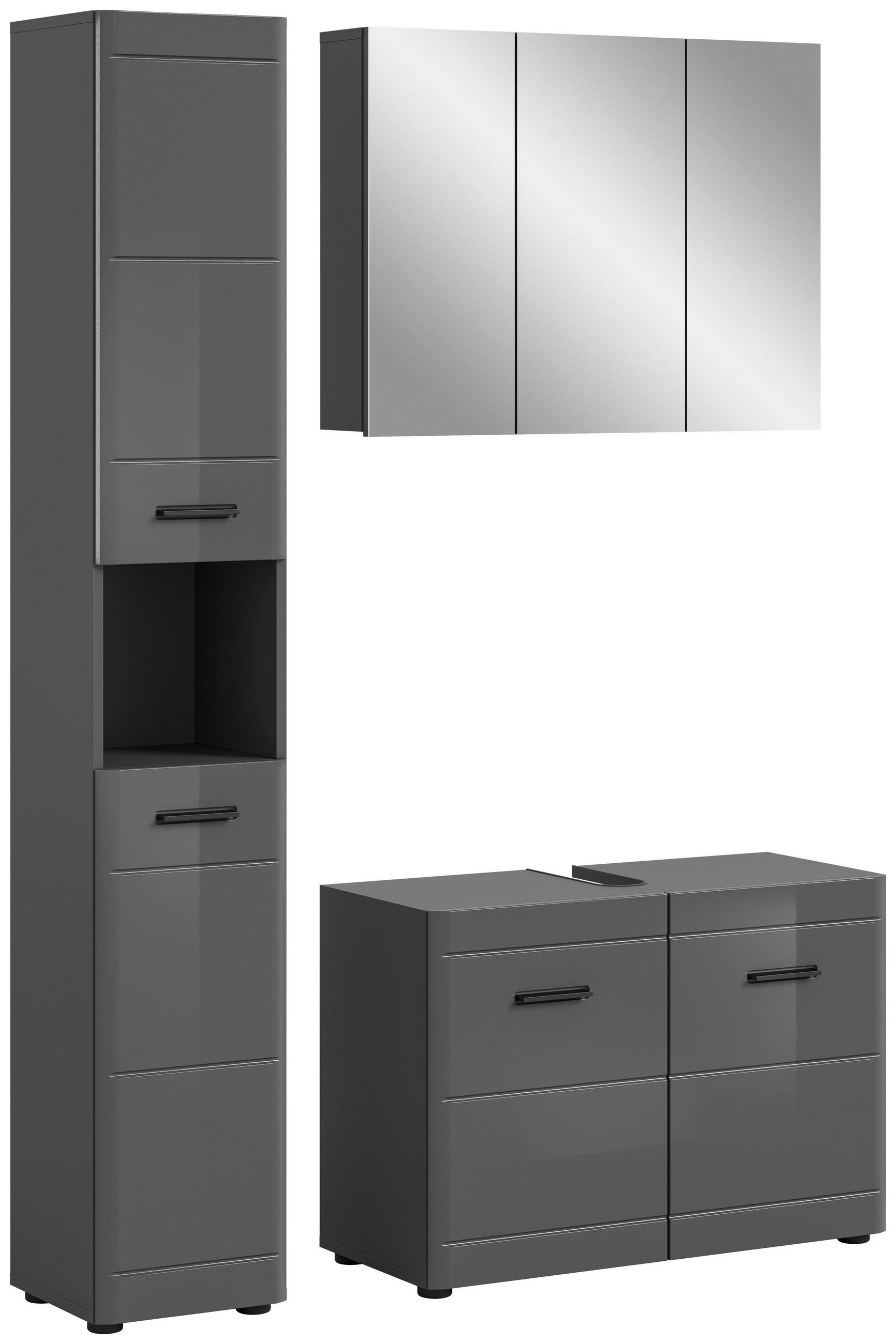 BADEZIMMER 3-teilig  in 110 cm  - Grau Hochglanz/Schwarz, MODERN, Holzwerkstoff/Kunststoff (110cm) - MID.YOU